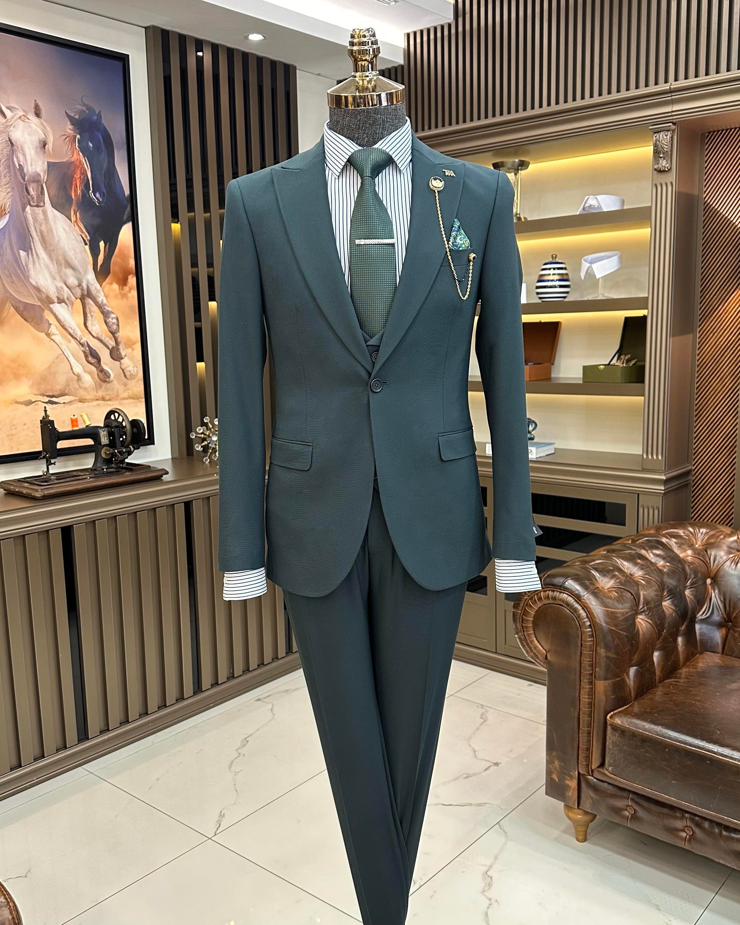  Italian style slim fit jacket vest trouser suit green T9969