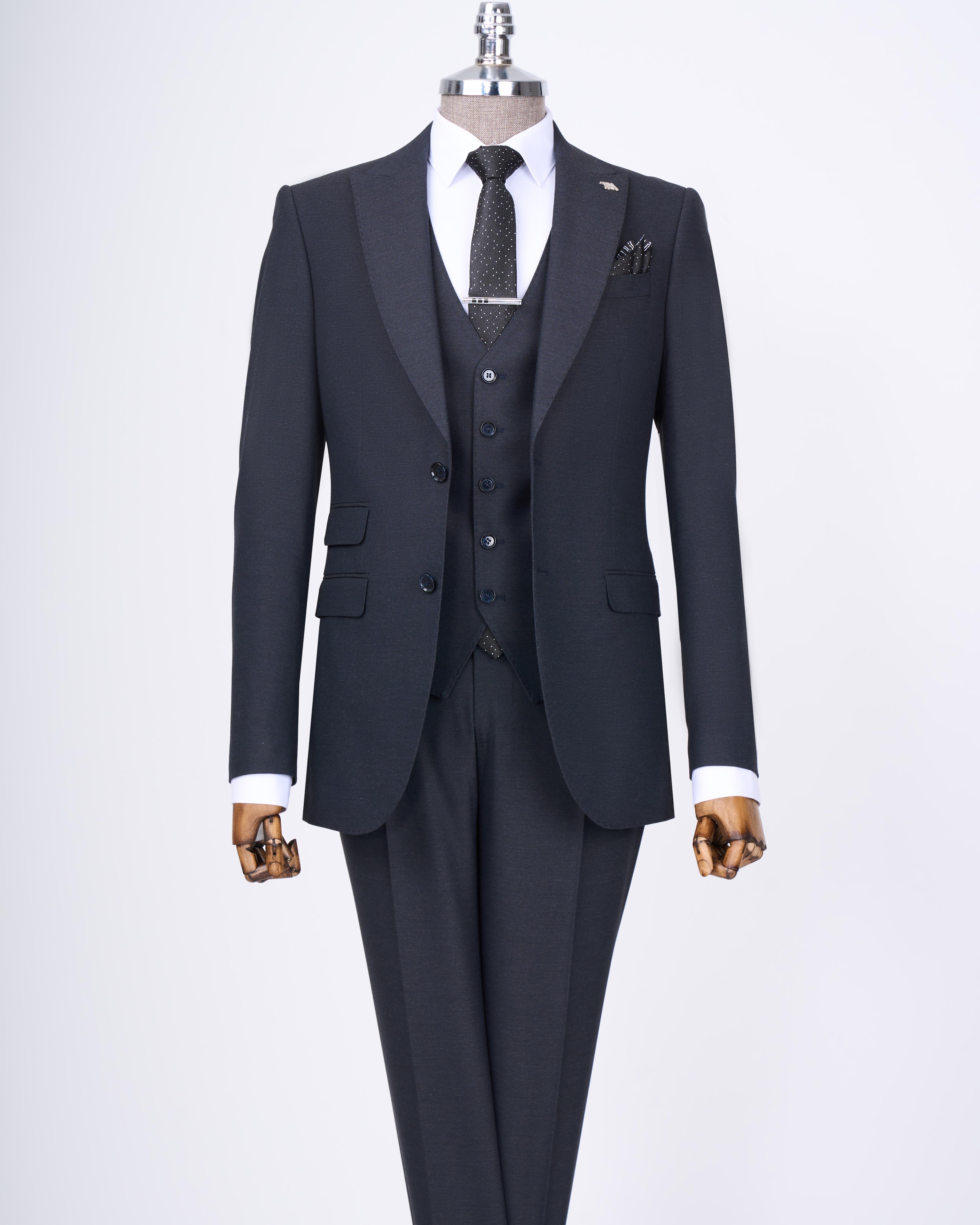 Italian style slim fit jacket vest pants suit navy blue T11394