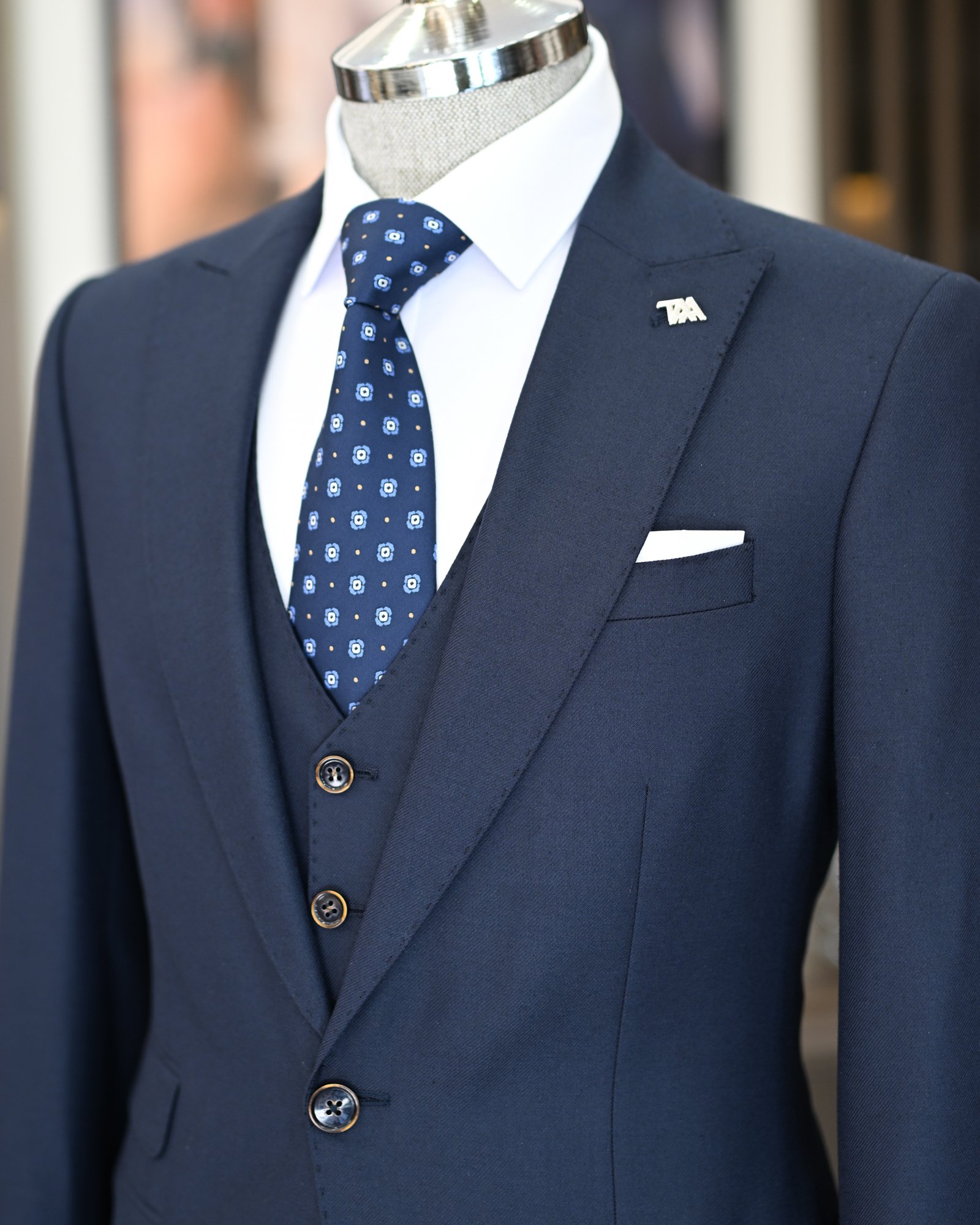  Italian style slim fit jacket vest trouser suit navy blue T11477