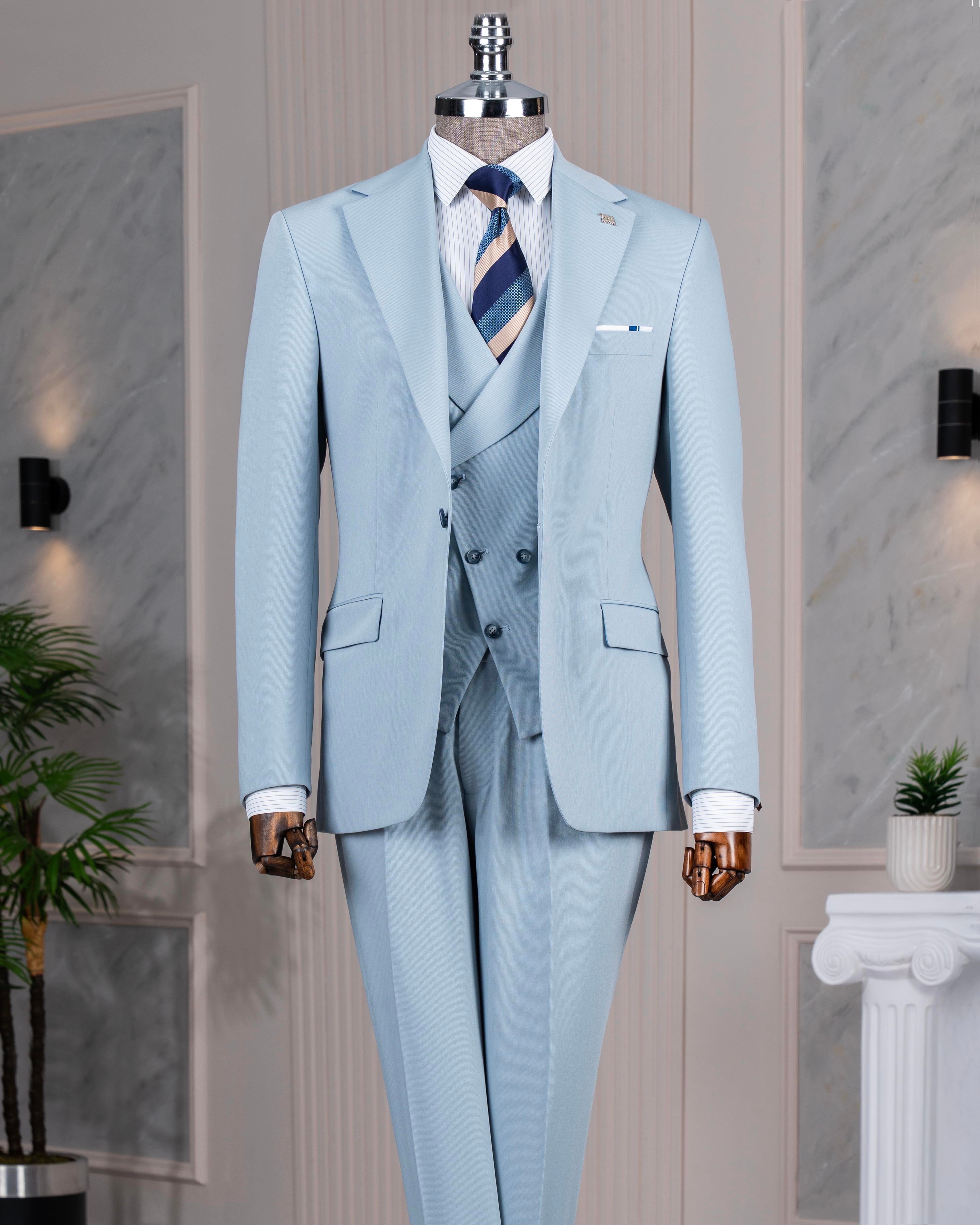 İtalyan stil slim fit ceket yelek pantolon takım elbise mavi T14185