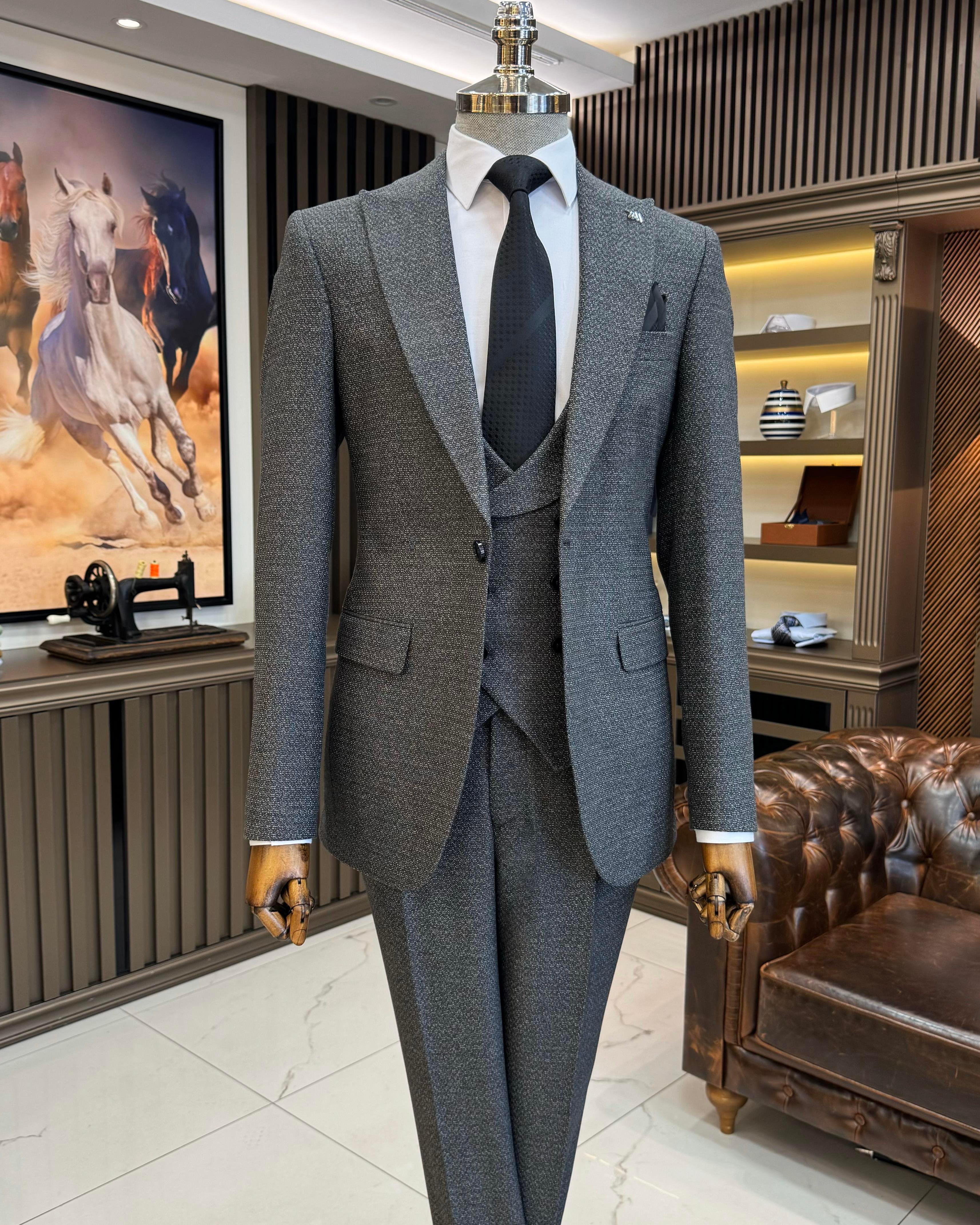 İtalyan stil slim fit ceket yelek pantolon takım elbise antrasit T10320