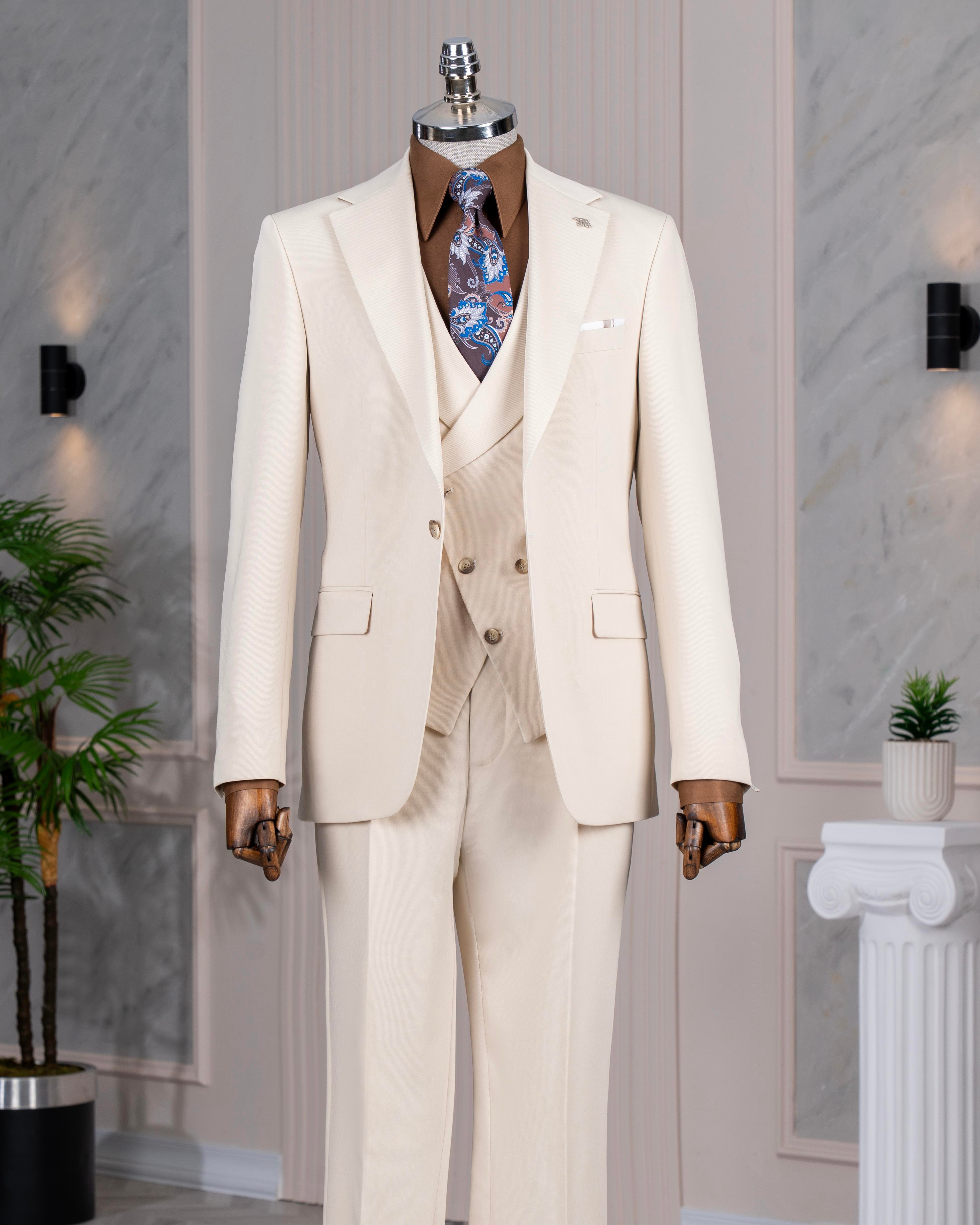 İtalyan stil slim fit ceket yelek pantolon takım elbise bej T14385
