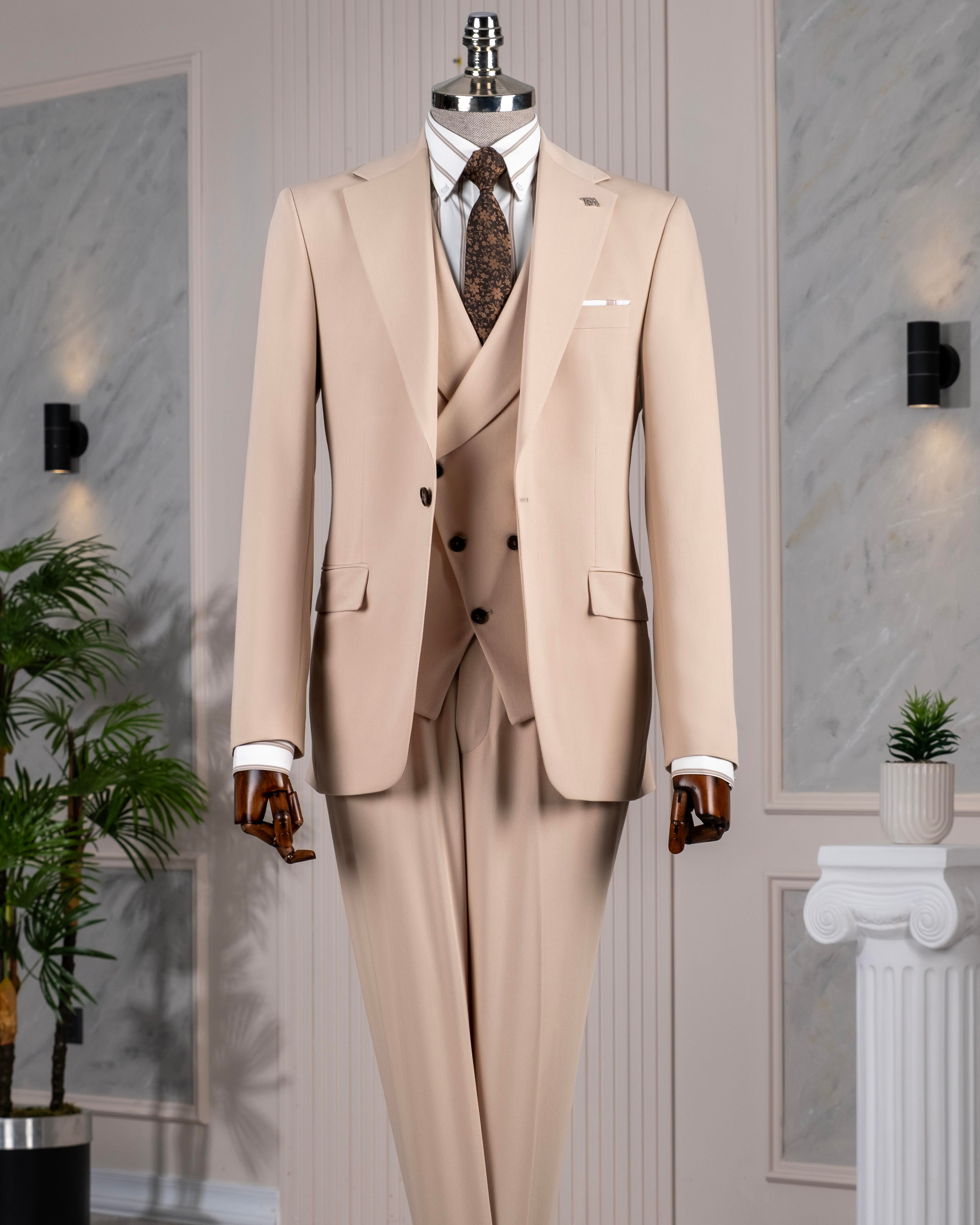 İtalyan stil slim fit ceket yelek pantolon takım elbise bej T14184