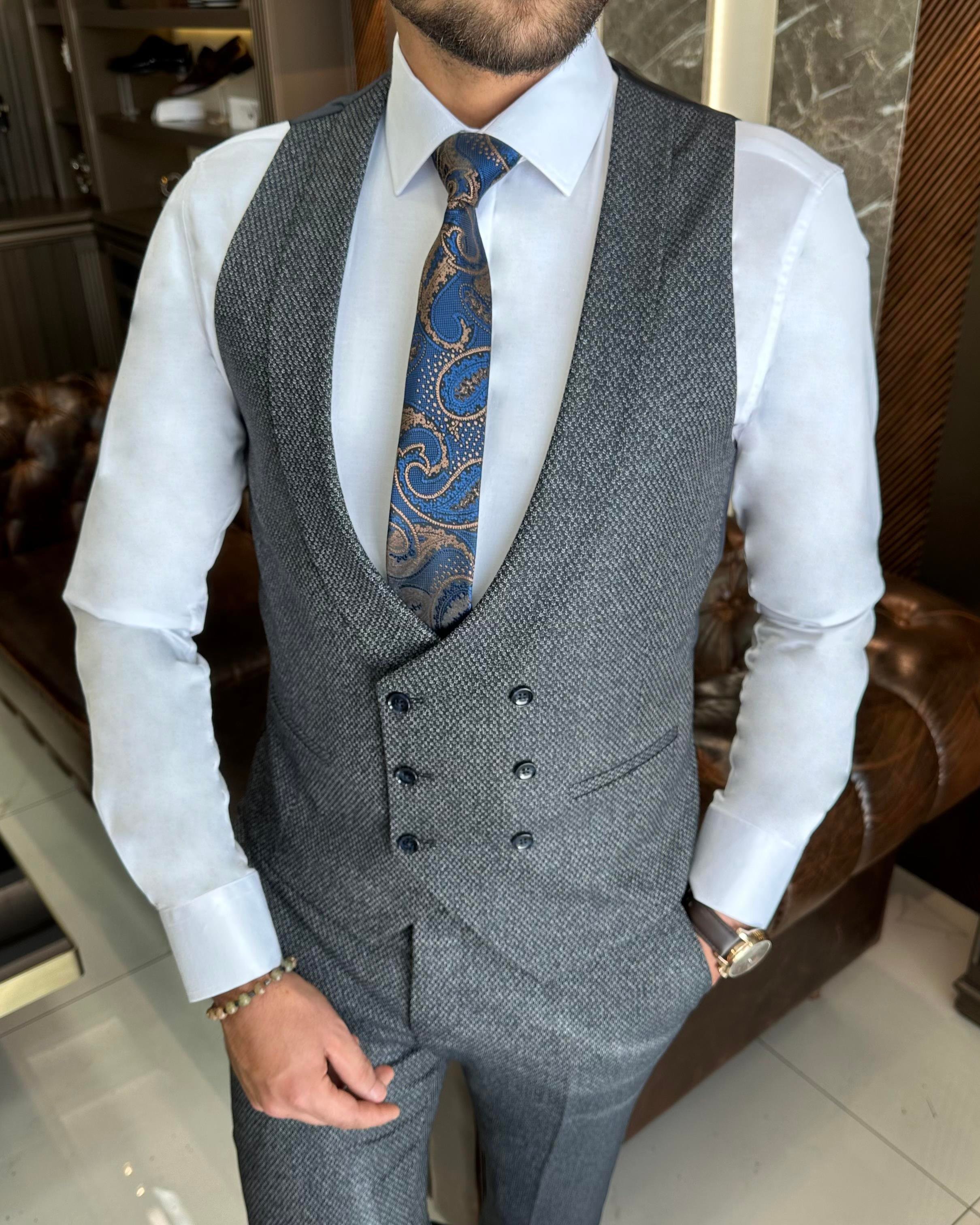 İtalyan stil slim fit ceket yelek pantolon takım elbise lacivert T10323