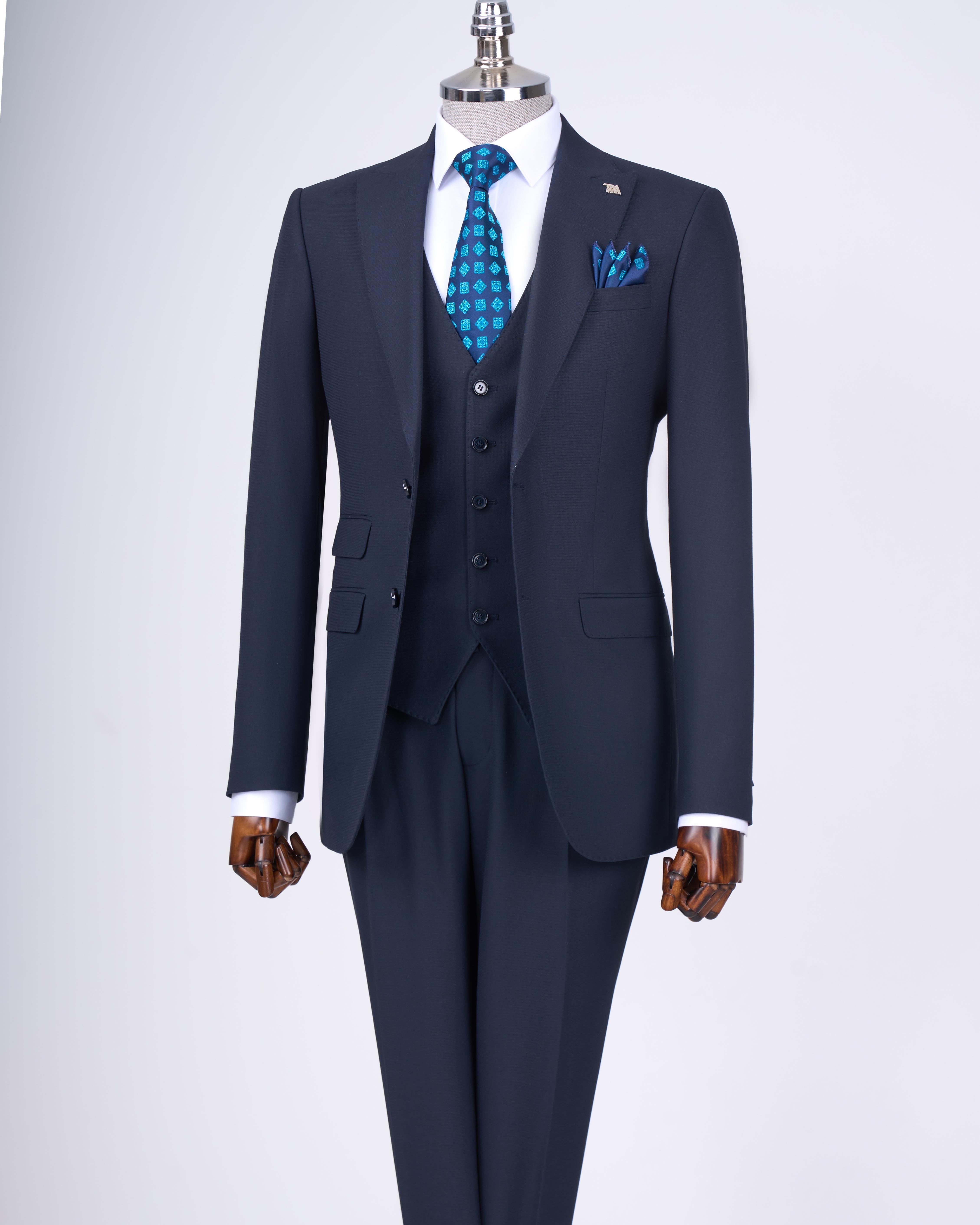 Italian style slim fit jacket vest pants suit navy blue T11393