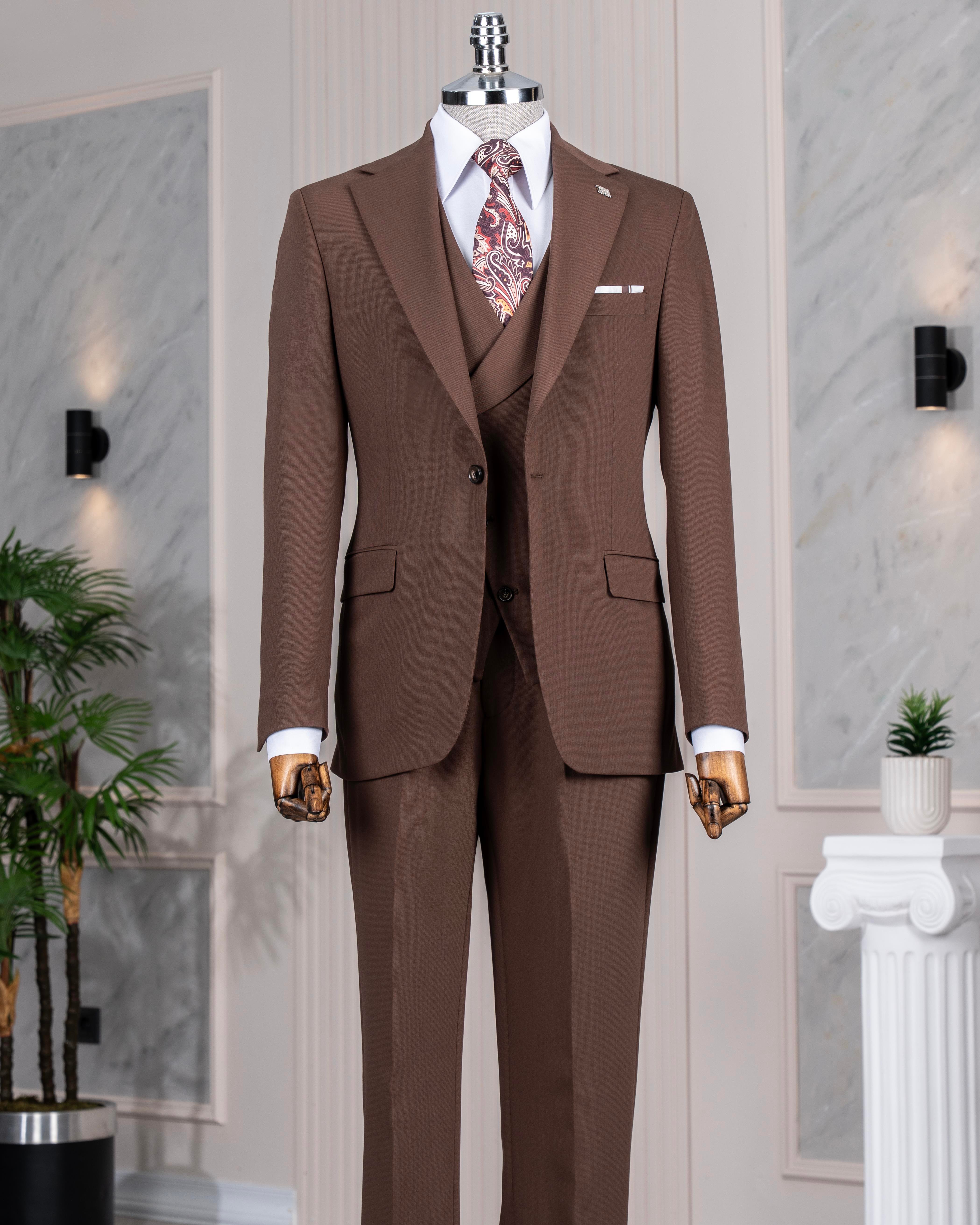 İtalyan stil slim fit ceket yelek pantolon takım elbise kahverengi T14386