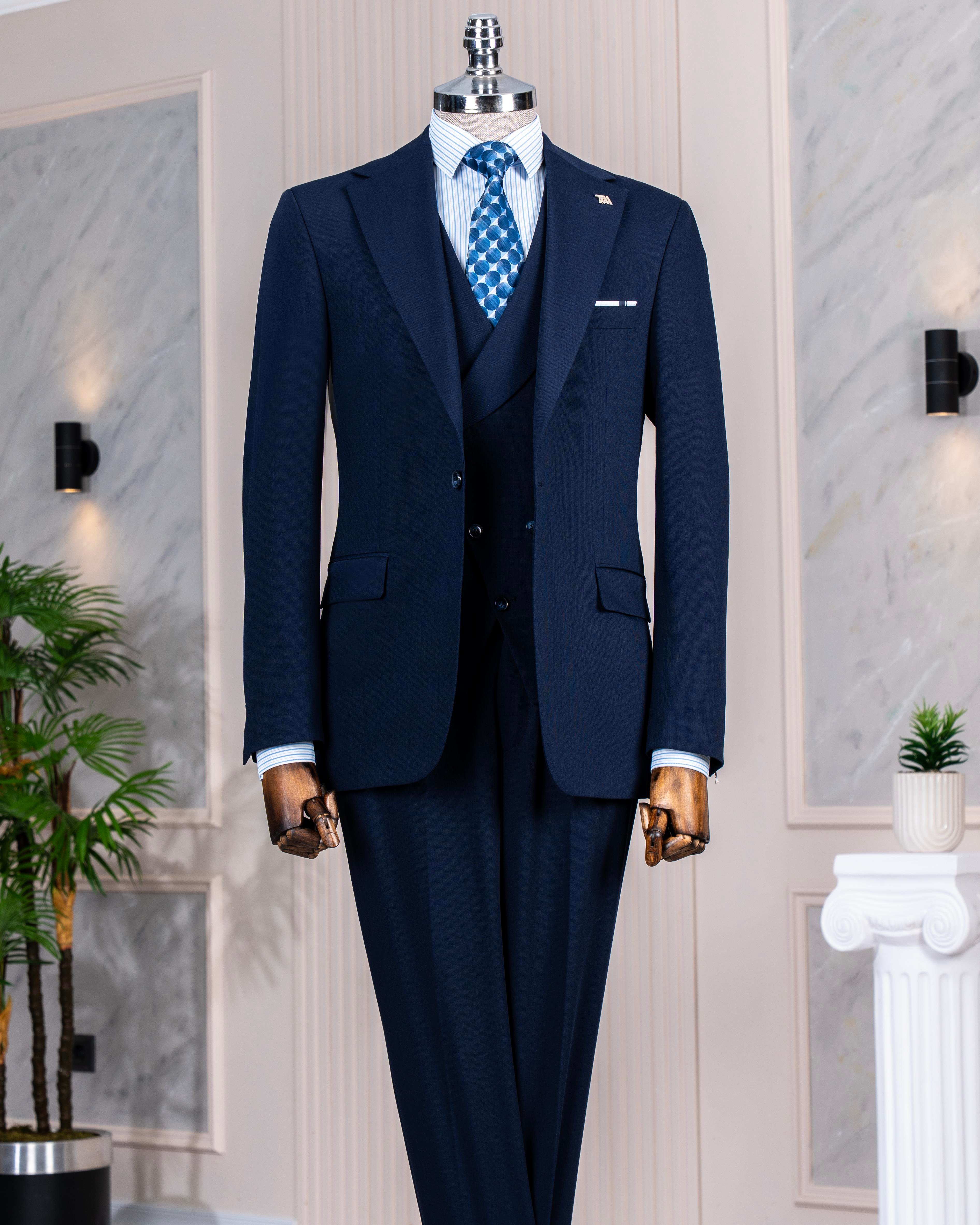 İtalyan stil slim fit ceket yelek pantolon takım elbise lacivert T14384