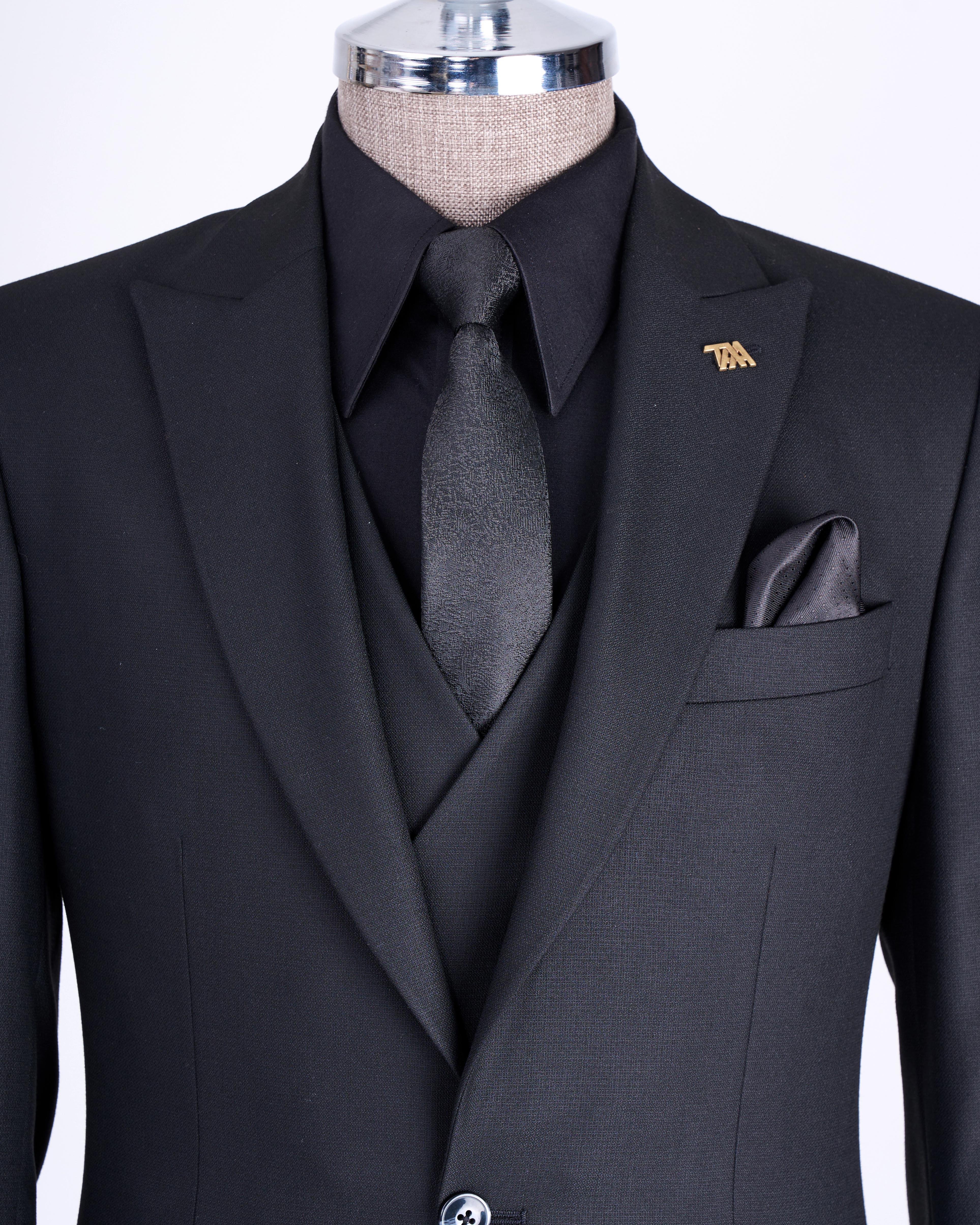 İtalyan stil slim fit ceket yelek pantolon takım elbise siyah  T13056