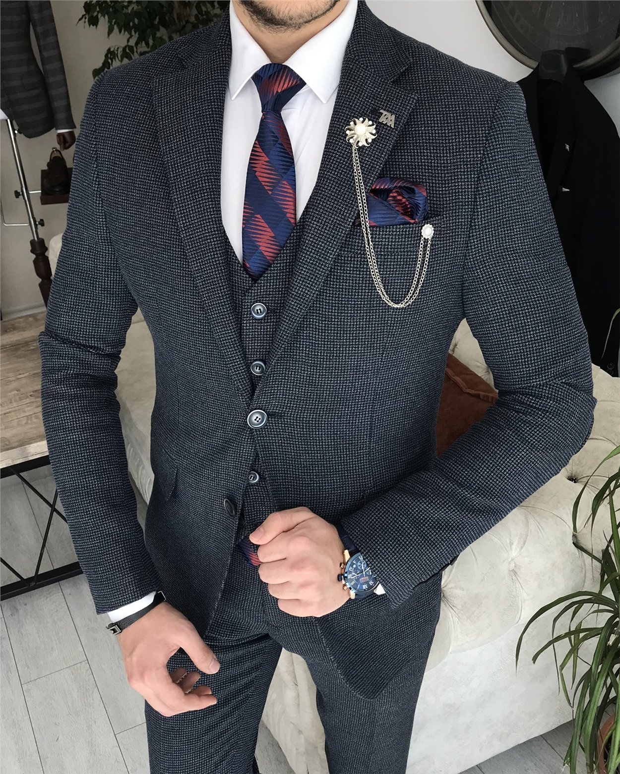 İtalyan stil slim fit ceket yelek pantolon takım elbise Lacivert T8358
