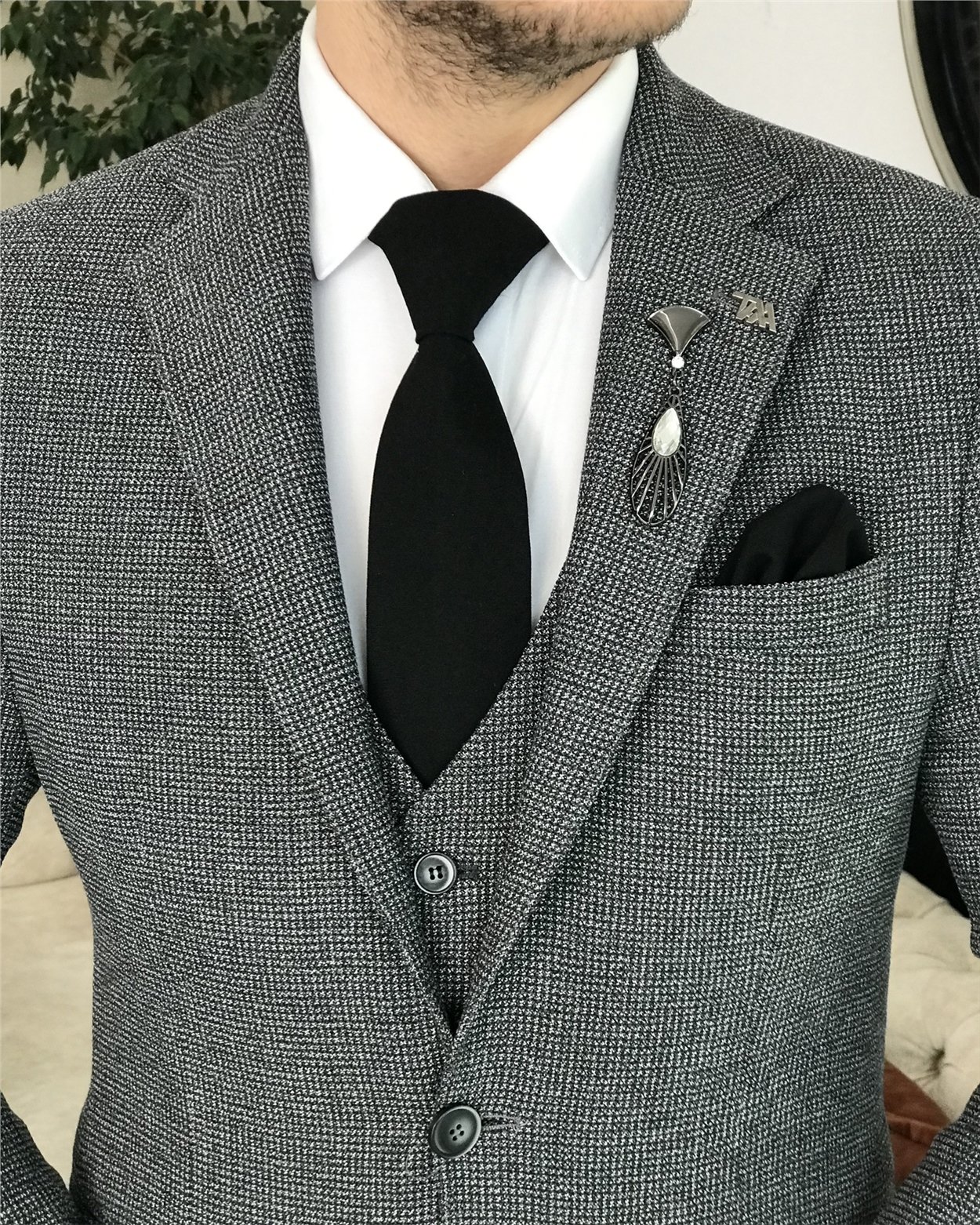 İtalyan stil slim fit ceket yelek pantolon takım elbise Gri T8356