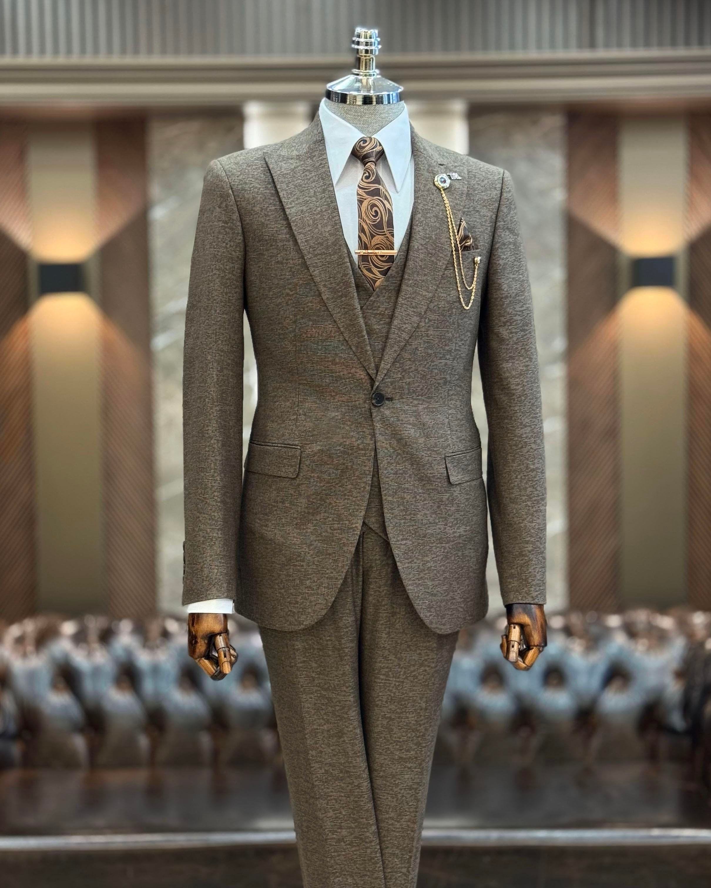 İtalyan stil slim fit ceket yelek pantolon takım elbise kahverengi T9953
