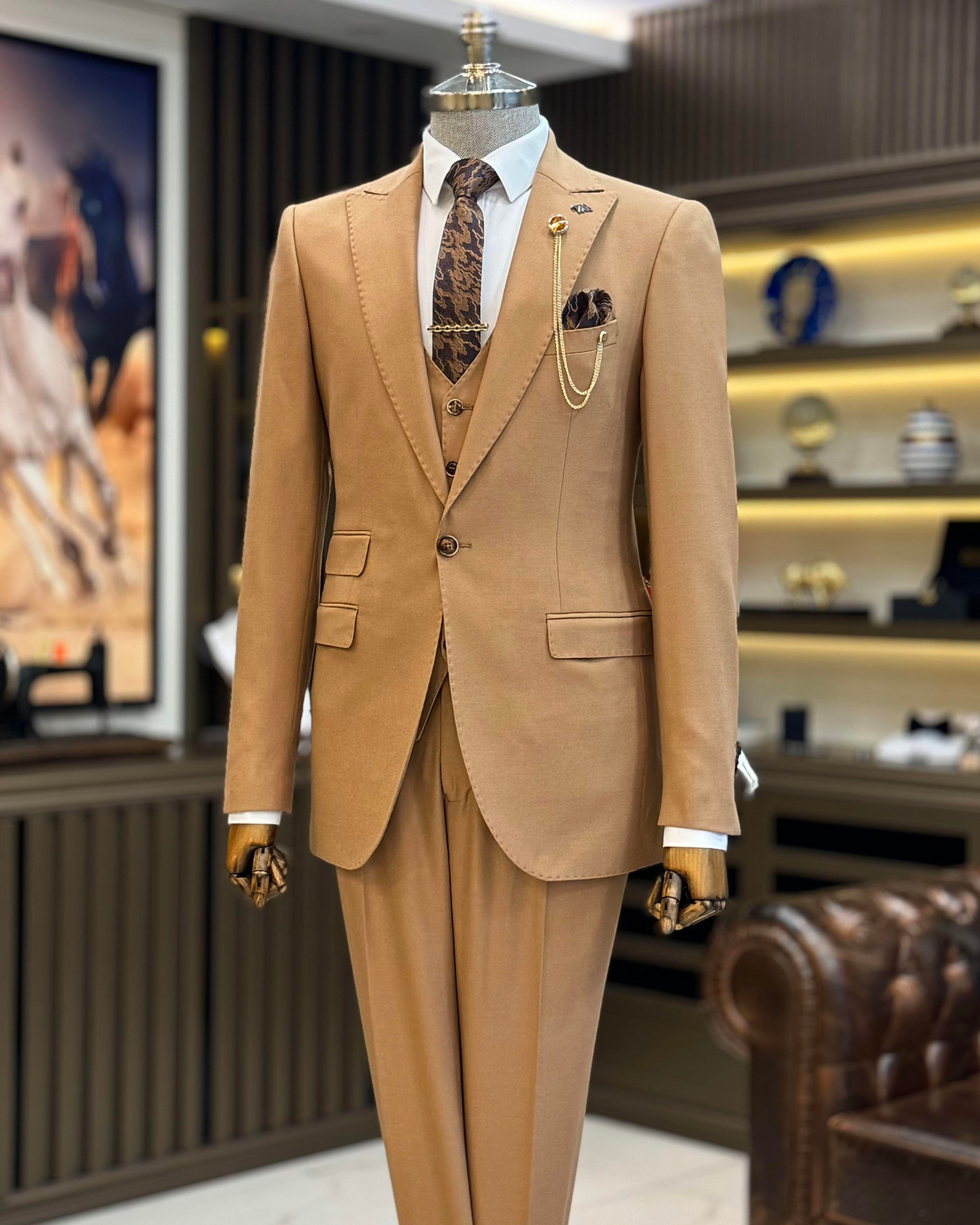 İtalyan stil slim fit ceket yelek pantolon takım elbise camel T11485