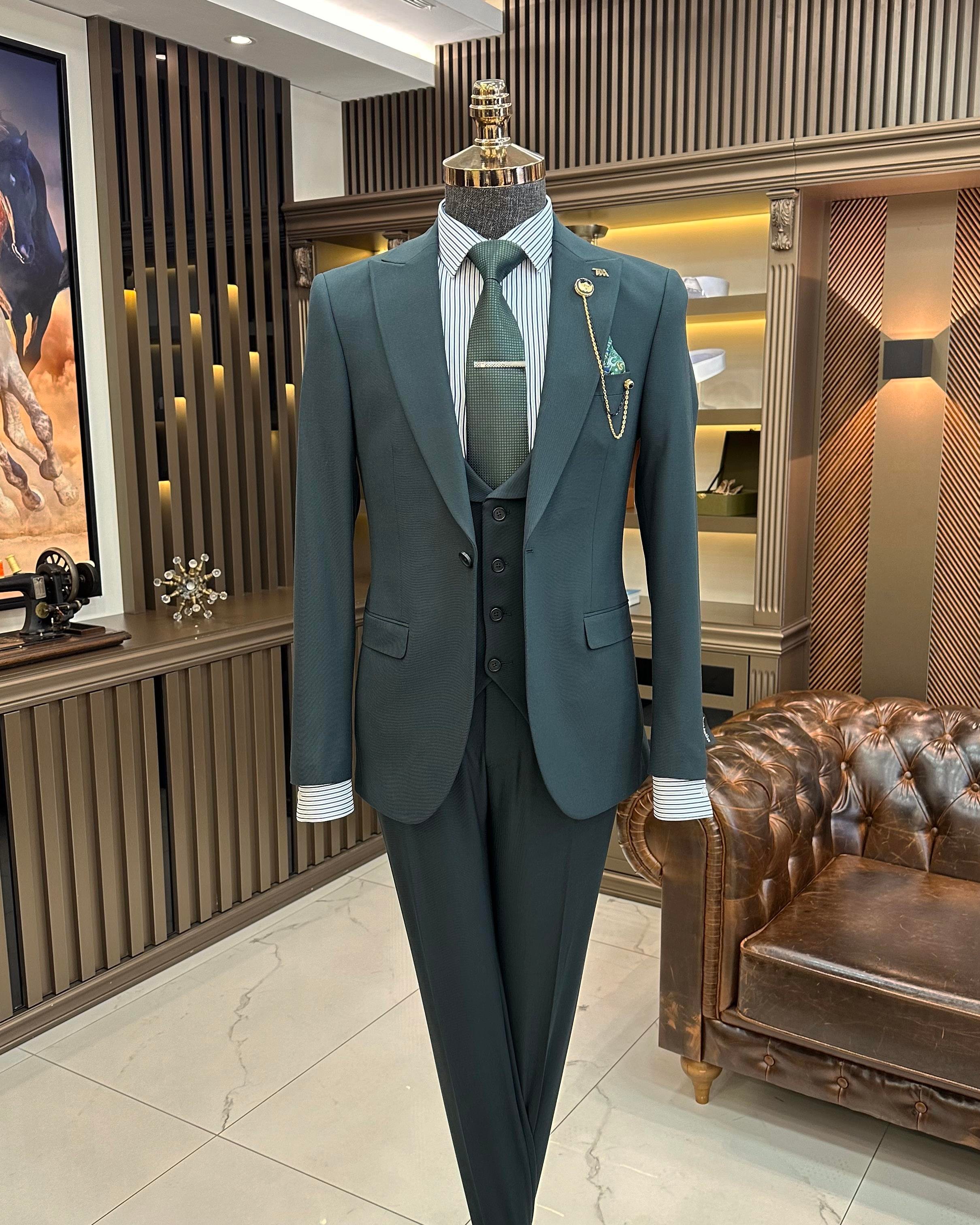 Italian style slim fit jacket vest trouser suit green T9969