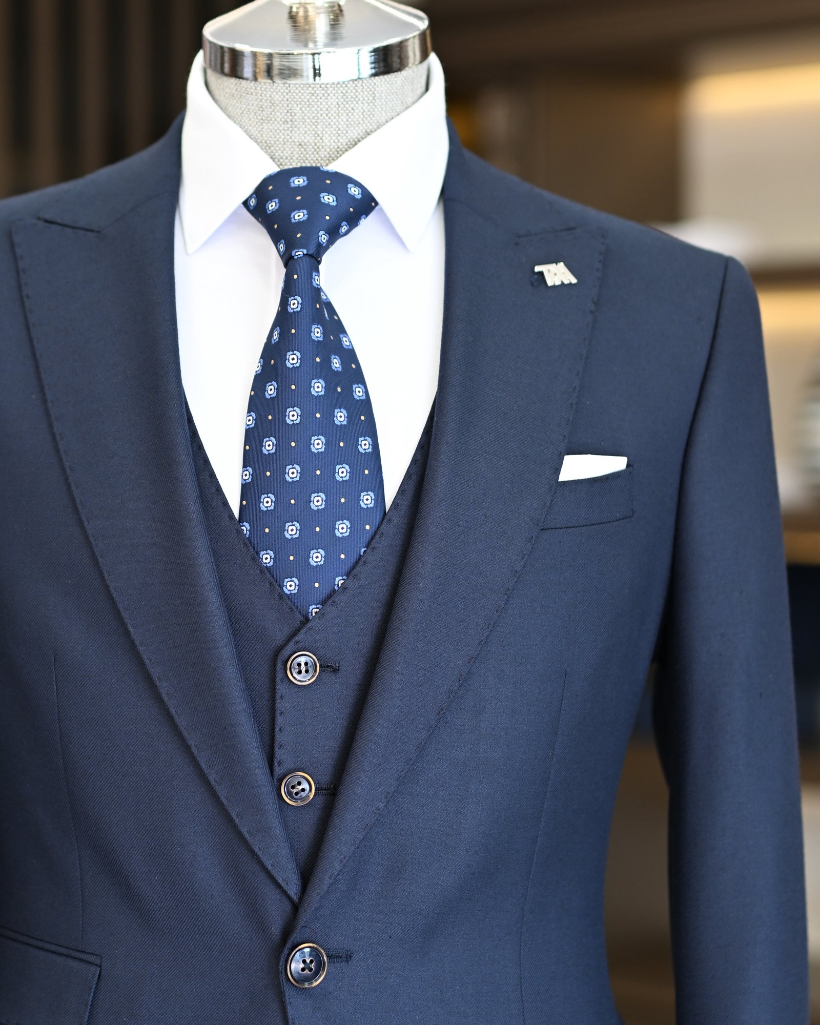  Italian style slim fit jacket vest trouser suit navy blue T11477