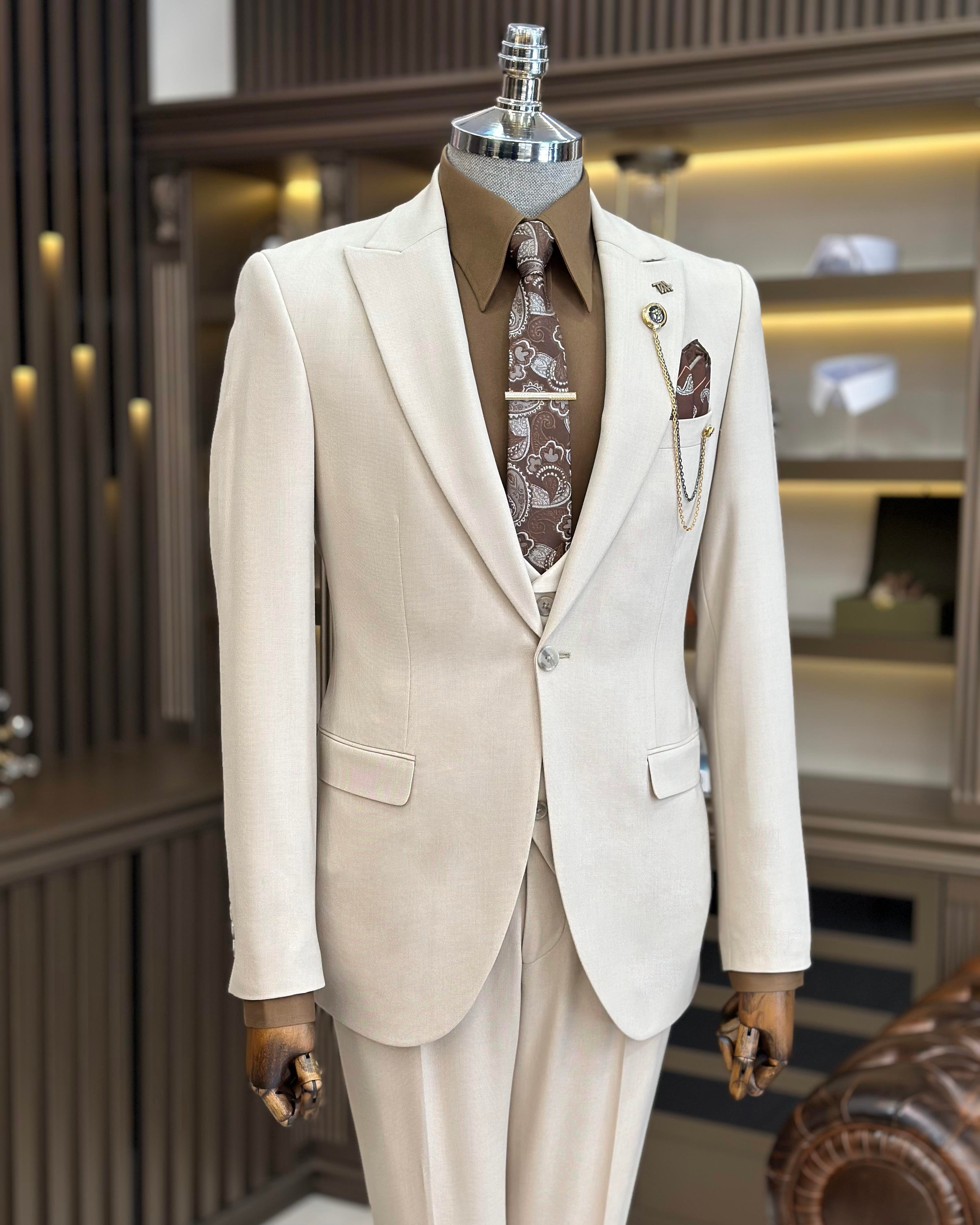  Italian style slim fit jacket vest trouser suit beige T9965