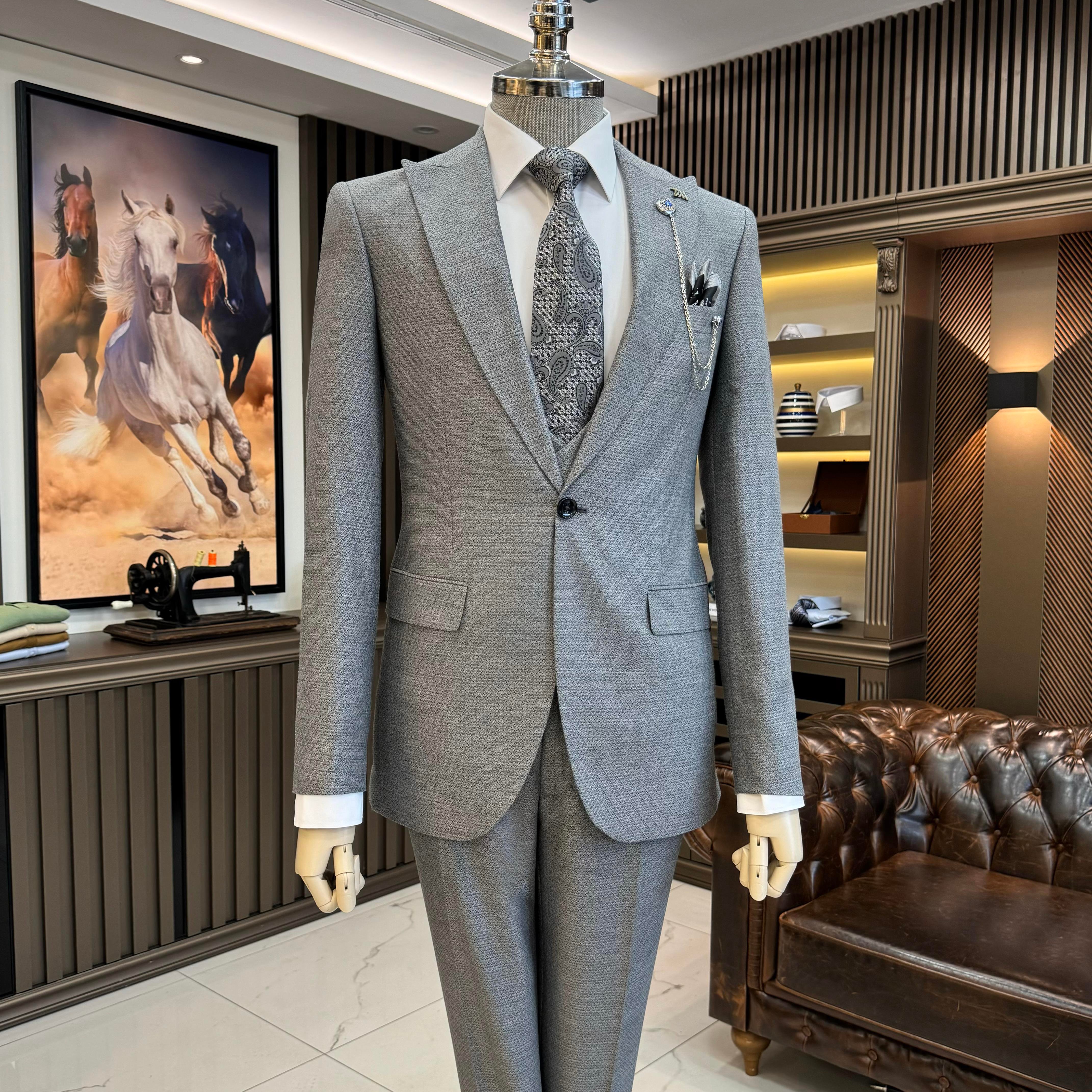 İtalyan stil slim fit ceket yelek pantolon takım elbise gri T10332