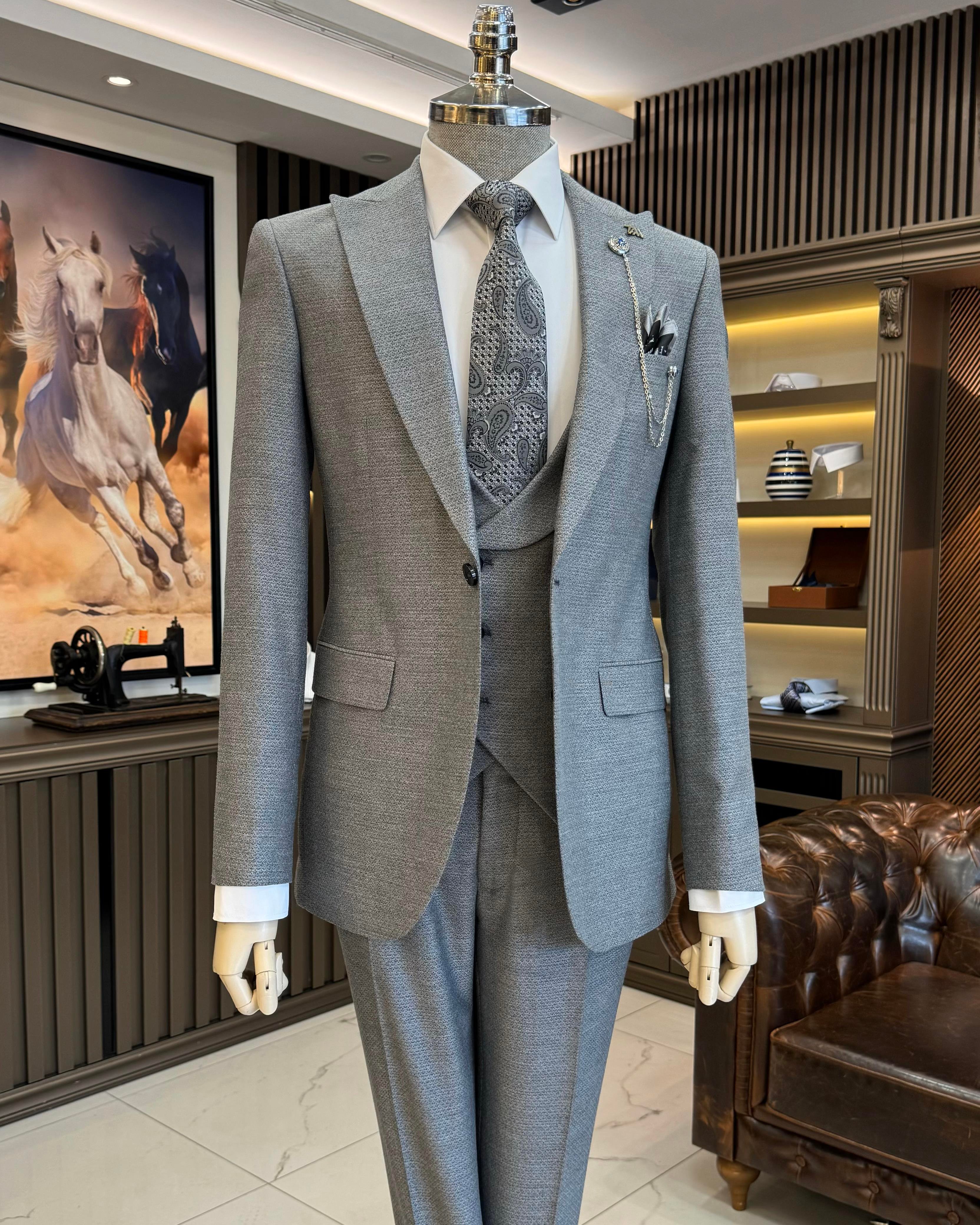 İtalyan stil slim fit ceket yelek pantolon takım elbise gri T10332