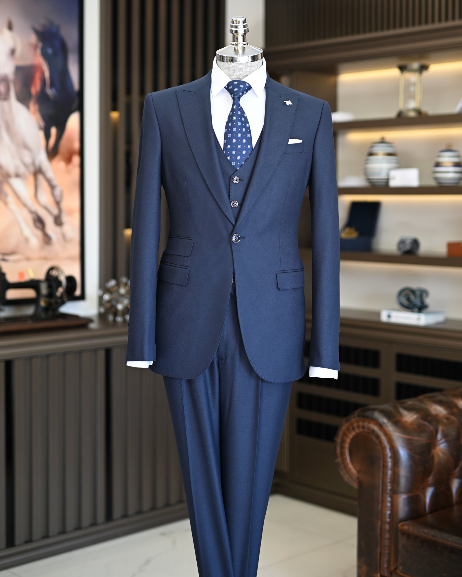  Italian style slim fit jacket vest trouser suit navy blue T11477