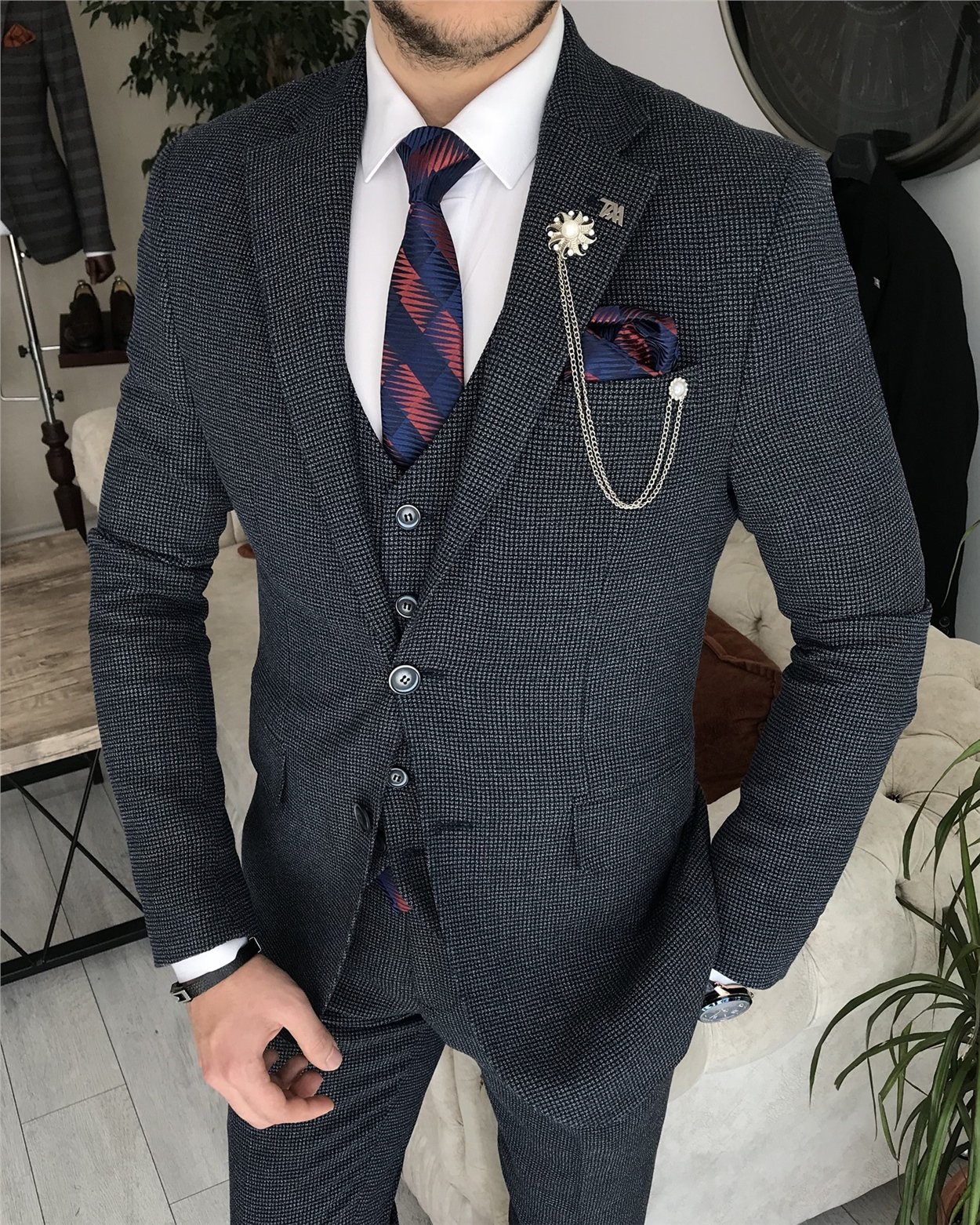 İtalyan stil slim fit ceket yelek pantolon takım elbise Lacivert T8358