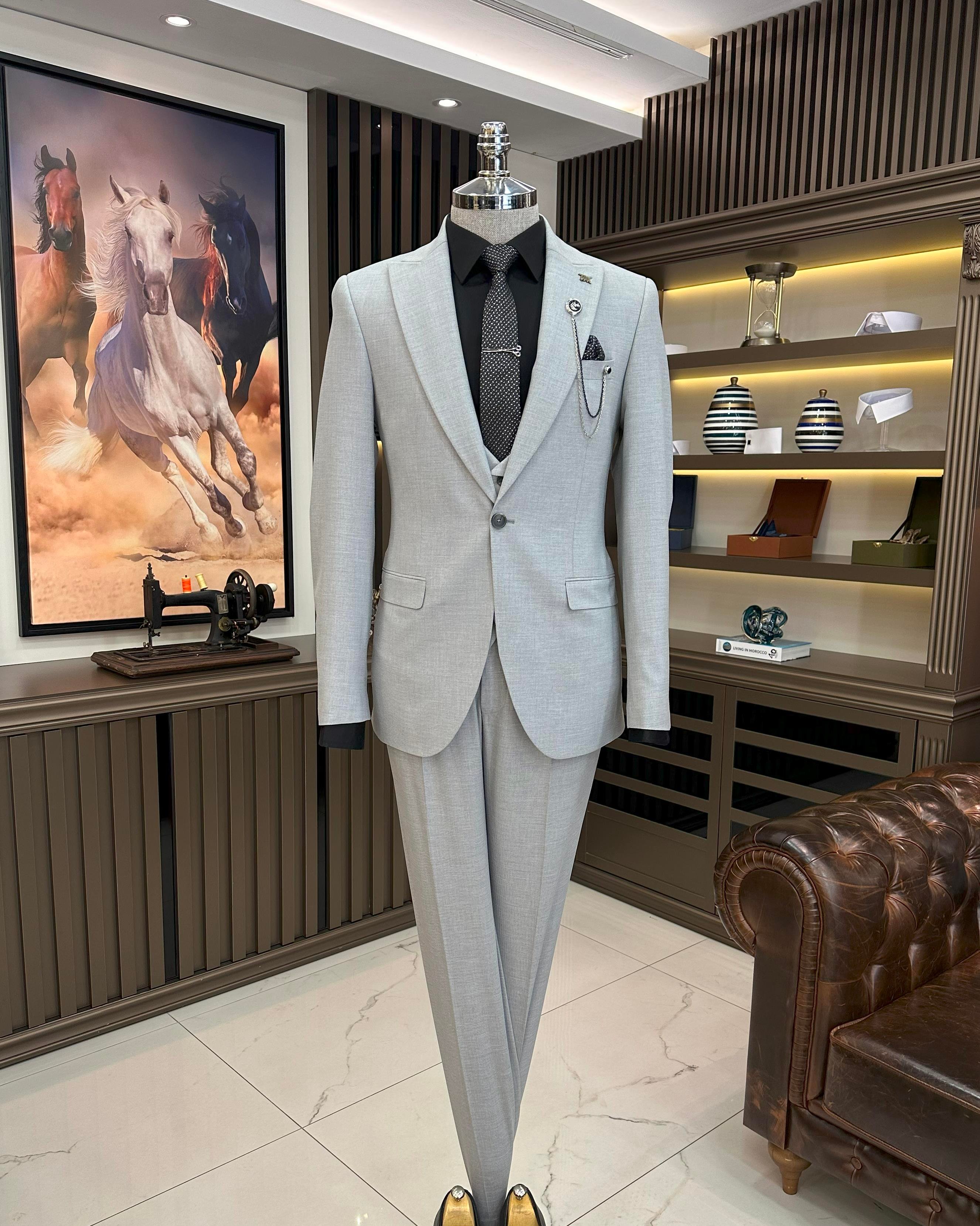 İtalyan stil slim fit ceket yelek pantolon takım elbise gri T9966