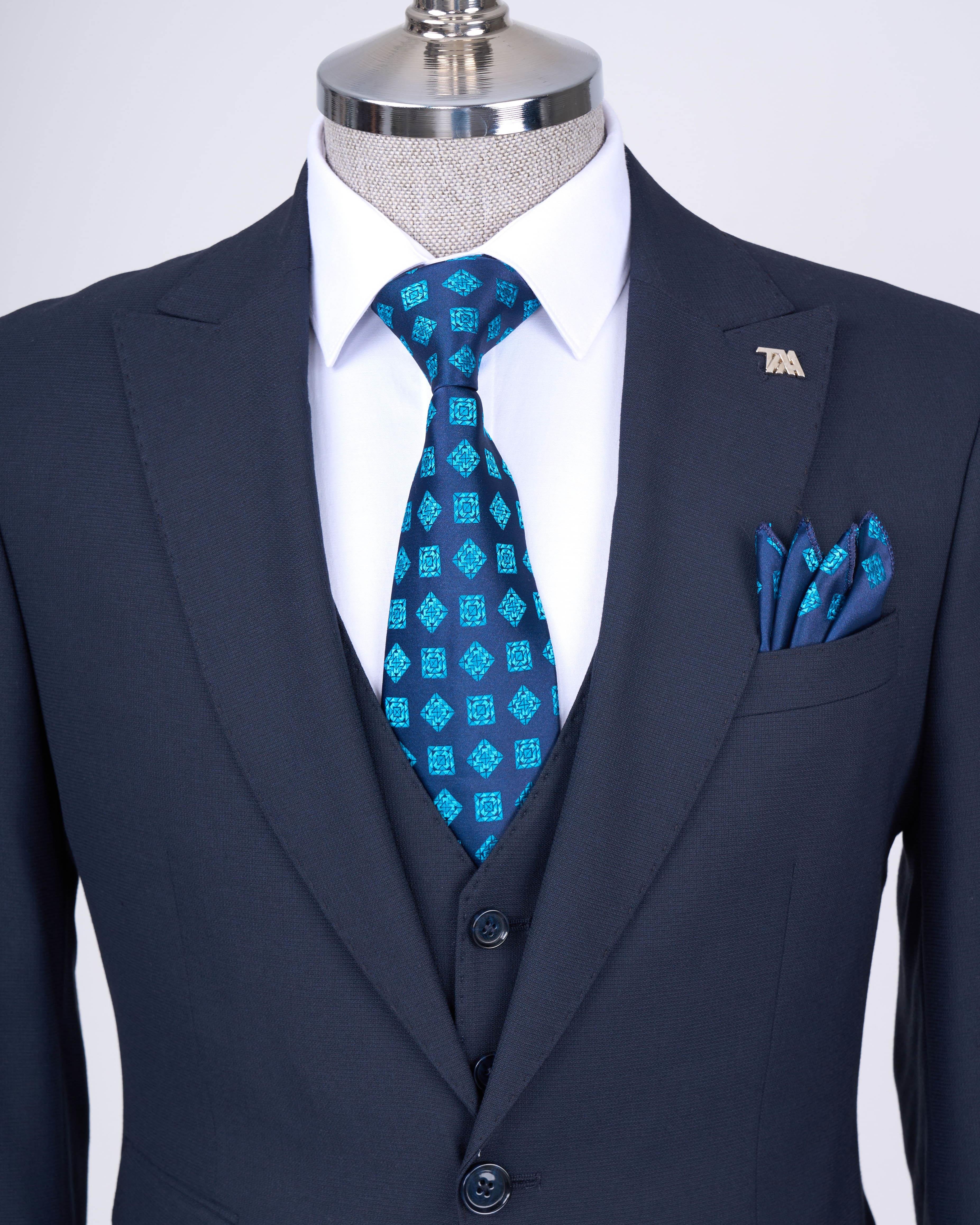 Italian style slim fit jacket vest pants suit navy blue T11393