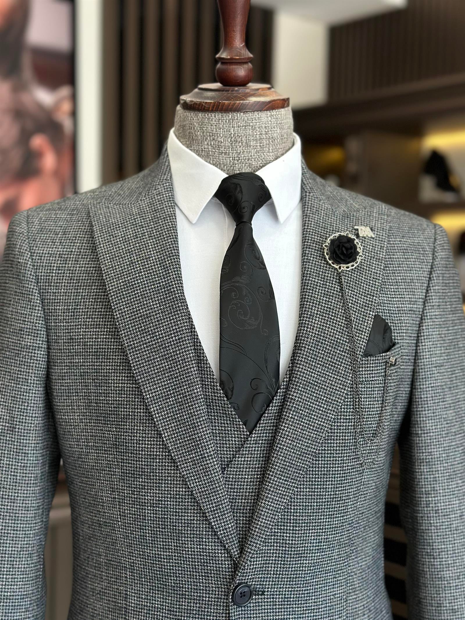 Italian style slim fit jacket vest pant suit black T9796
