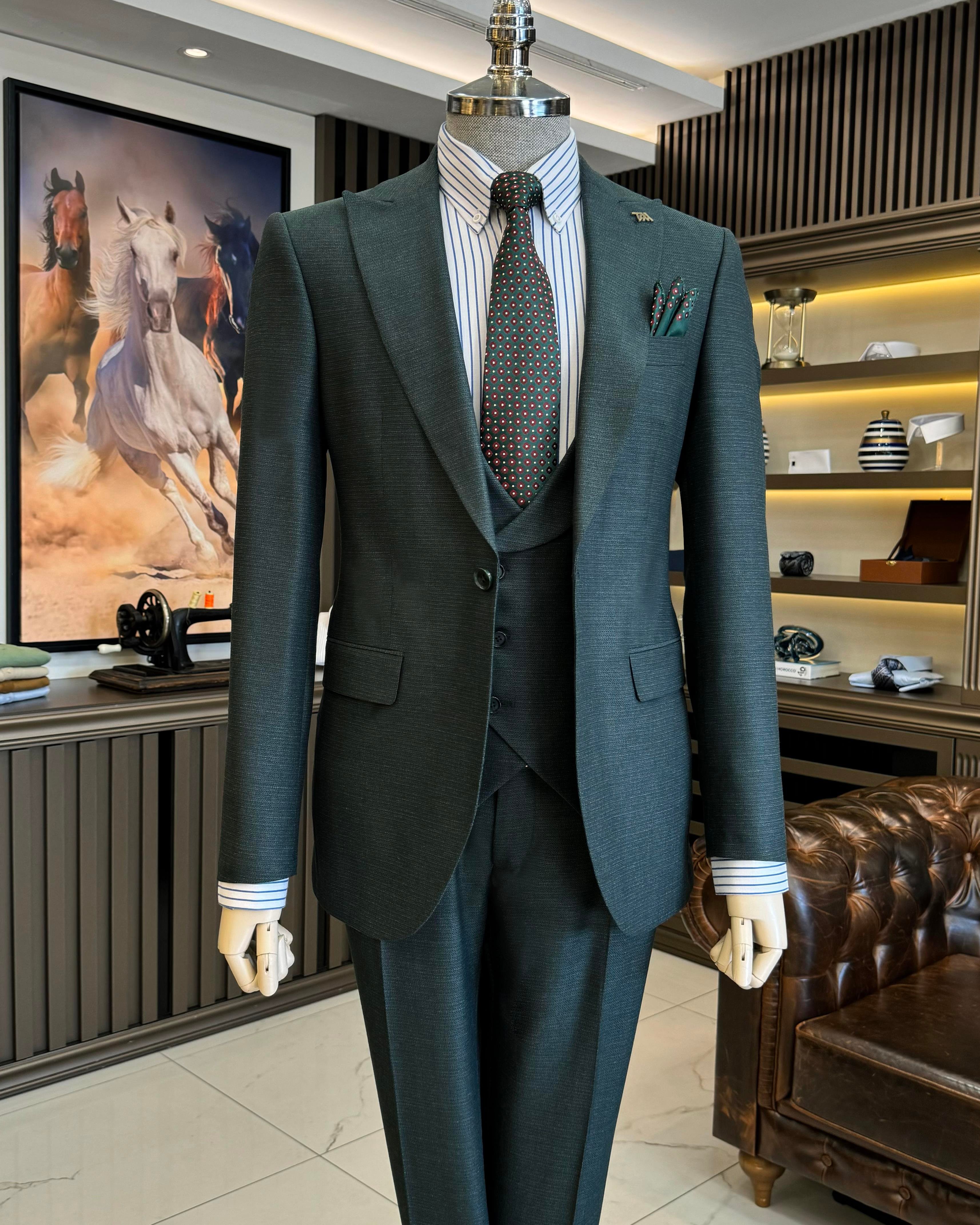 İtalyan stil slim fit ceket yelek pantolon takım elbise yeşil T10333