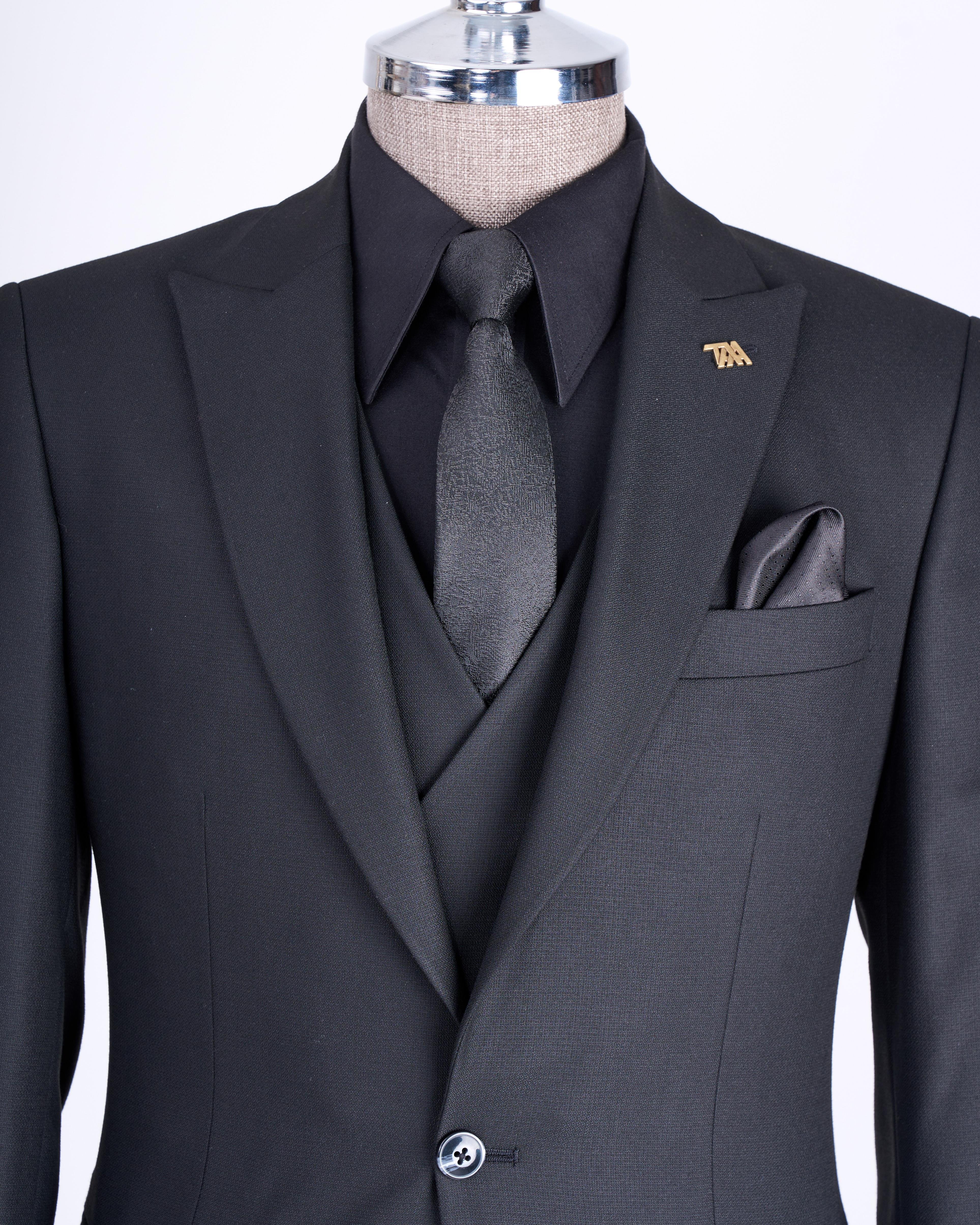 İtalyan stil slim fit ceket yelek pantolon takım elbise siyah  T13056