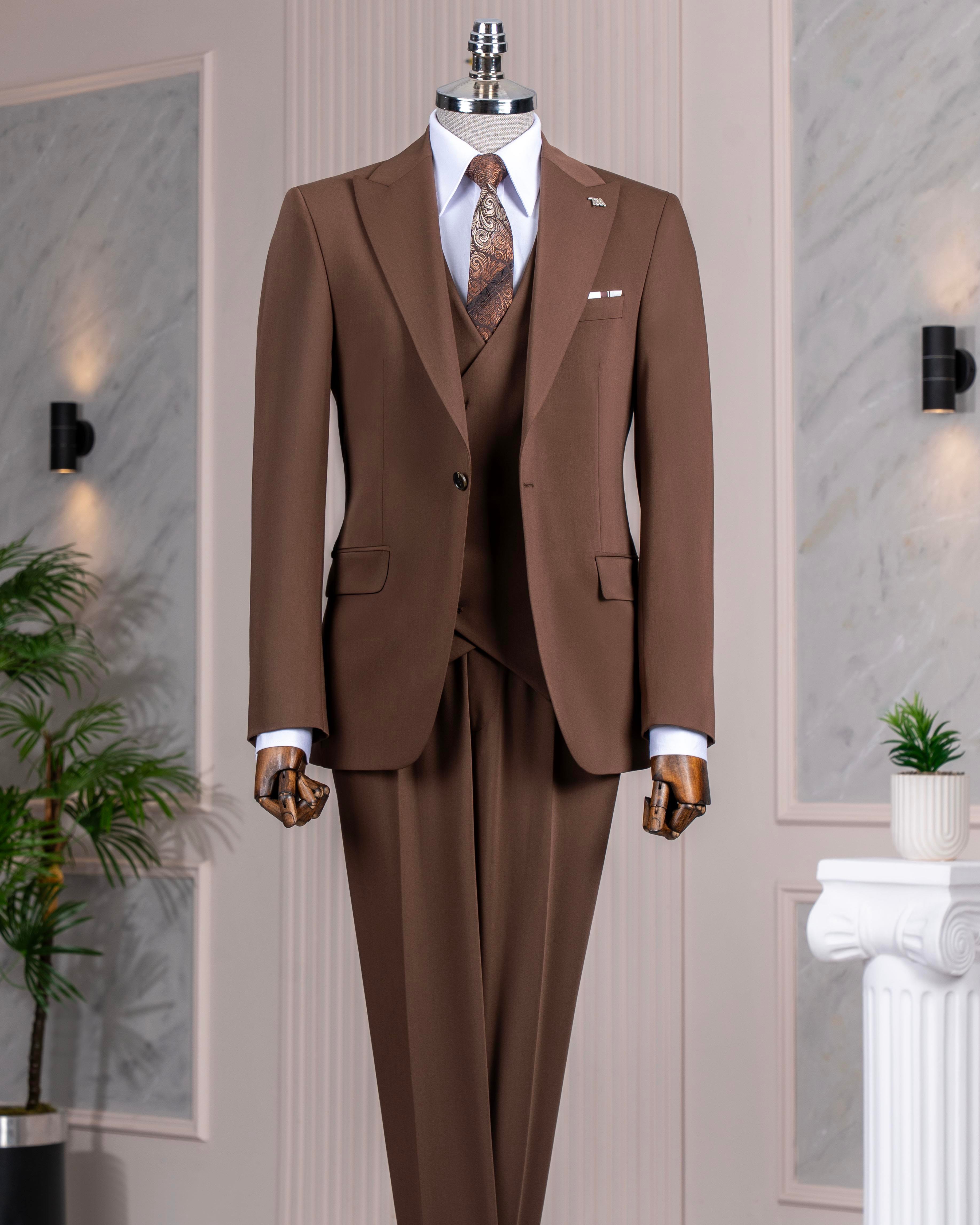 İtalyan stil slim fit ceket yelek pantalon takım elbise kahverengi  T13958