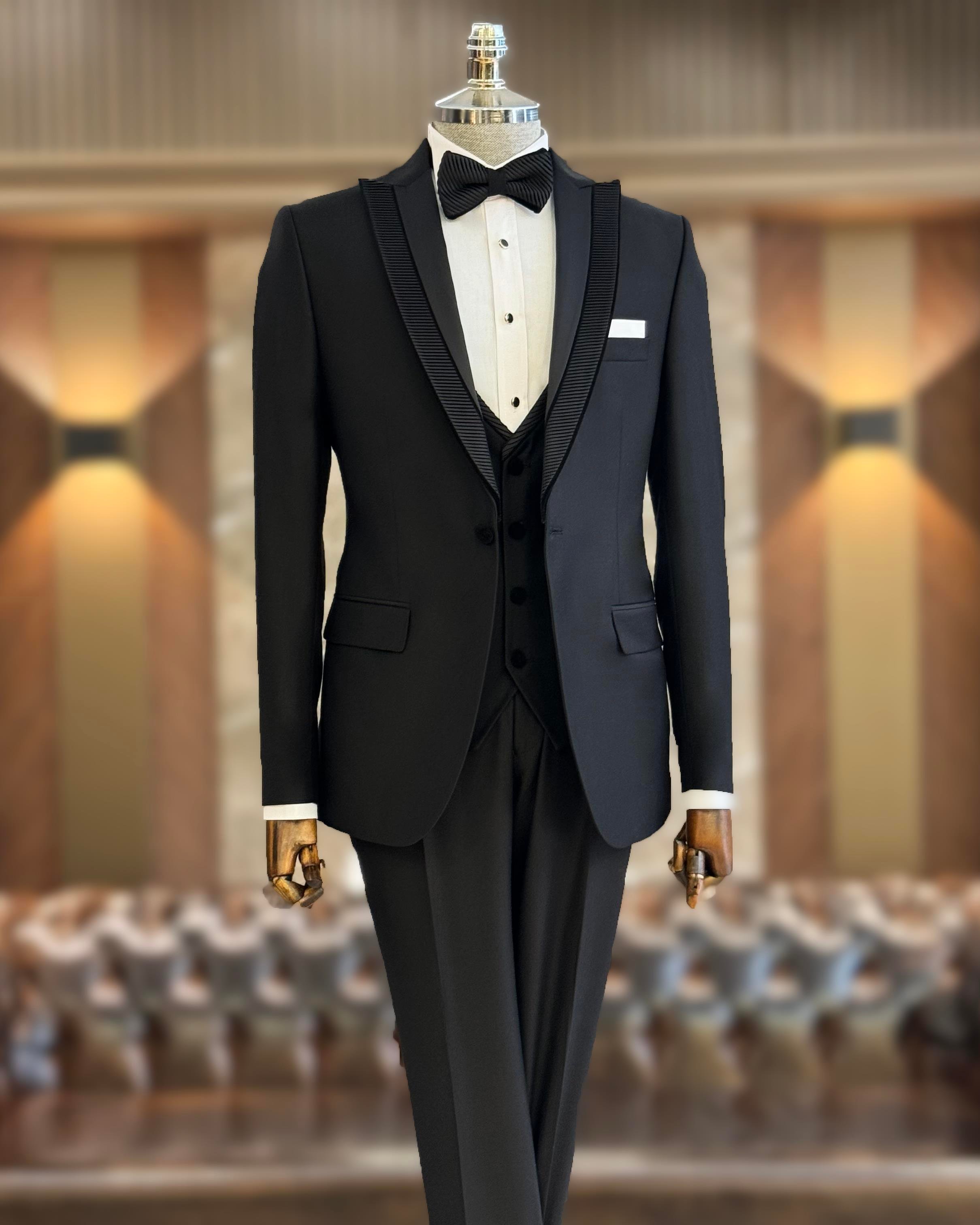 İtalyan stil slim fit ceket yelek pantolon damatlık set siyah T11776