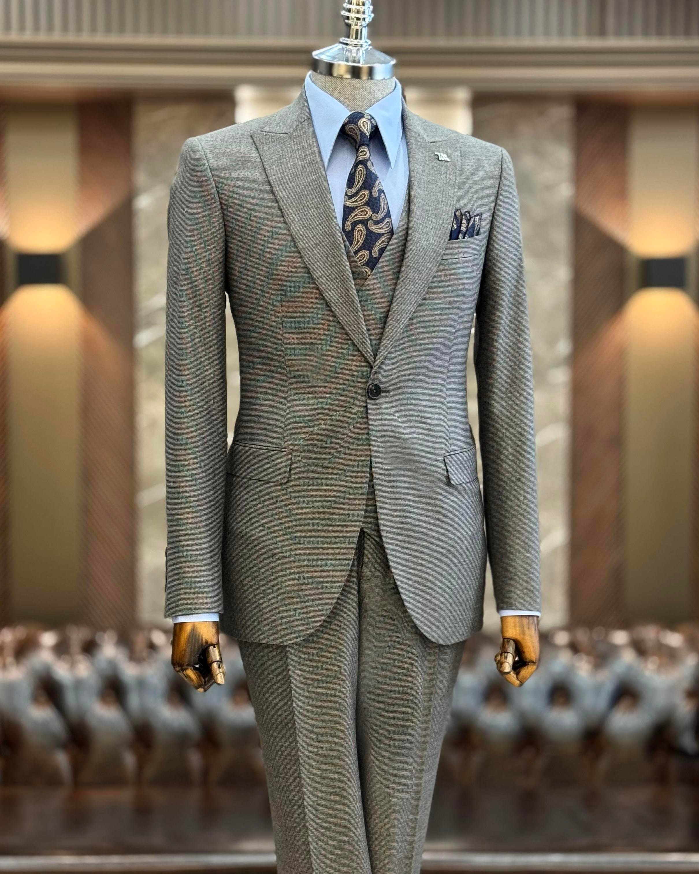 İtalyan stil slim fit ceket yelek pantolon takım elbise kahverengi T9950