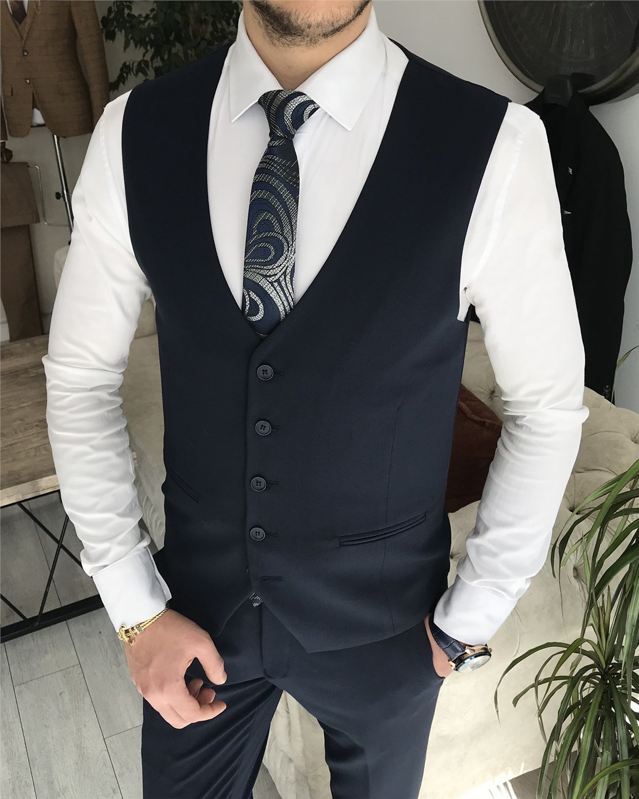 İtalyan stil slim fit ceket yelek pantolon takım elbise Lacivert T8359