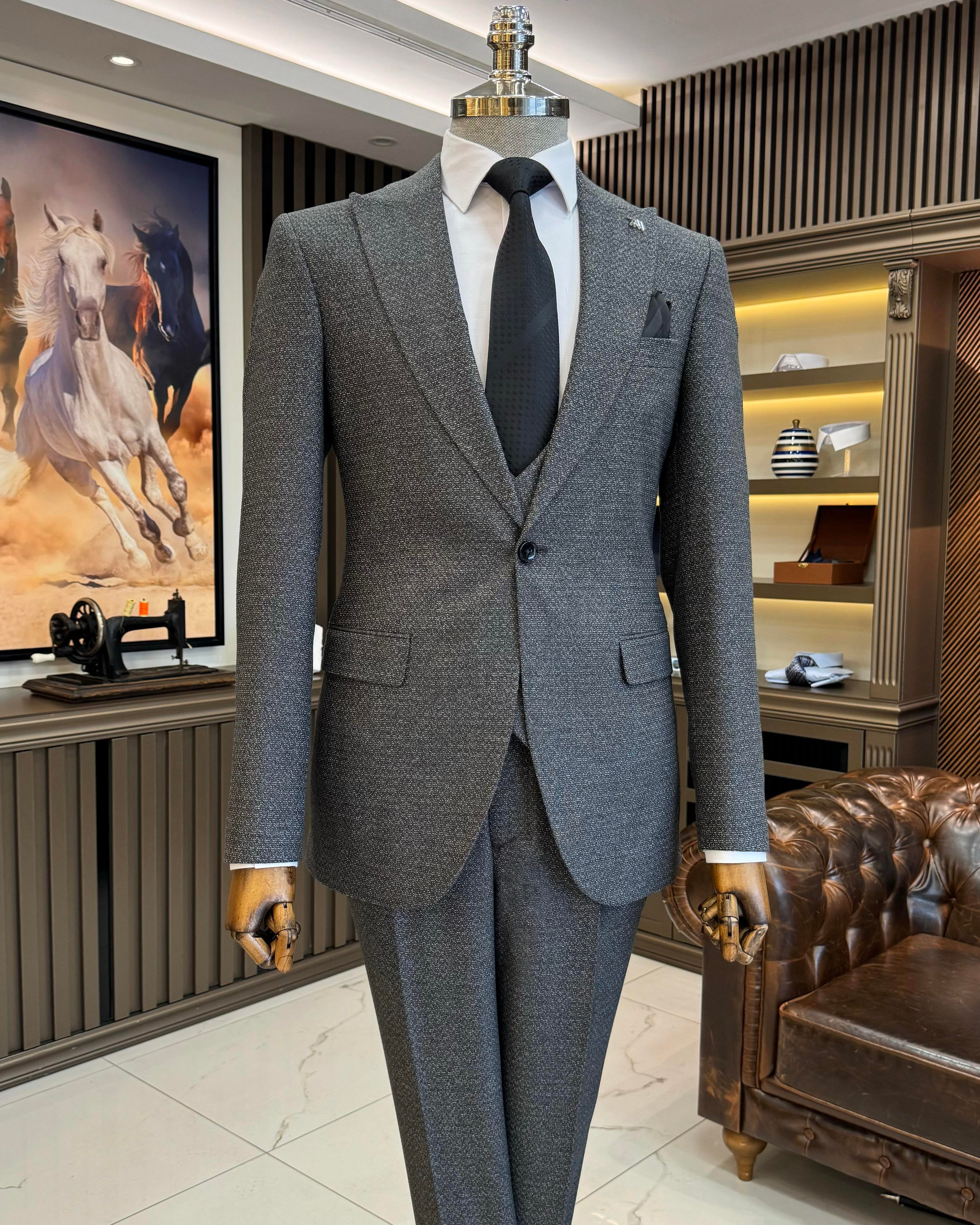 İtalyan stil slim fit ceket yelek pantolon takım elbise antrasit T10320