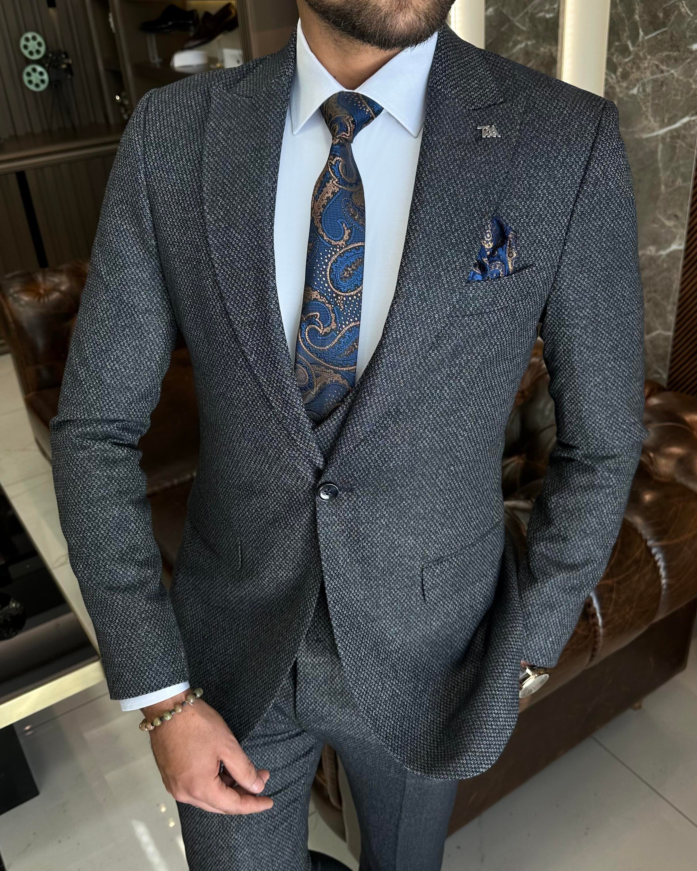 İtalyan stil slim fit ceket yelek pantolon takım elbise lacivert T10323