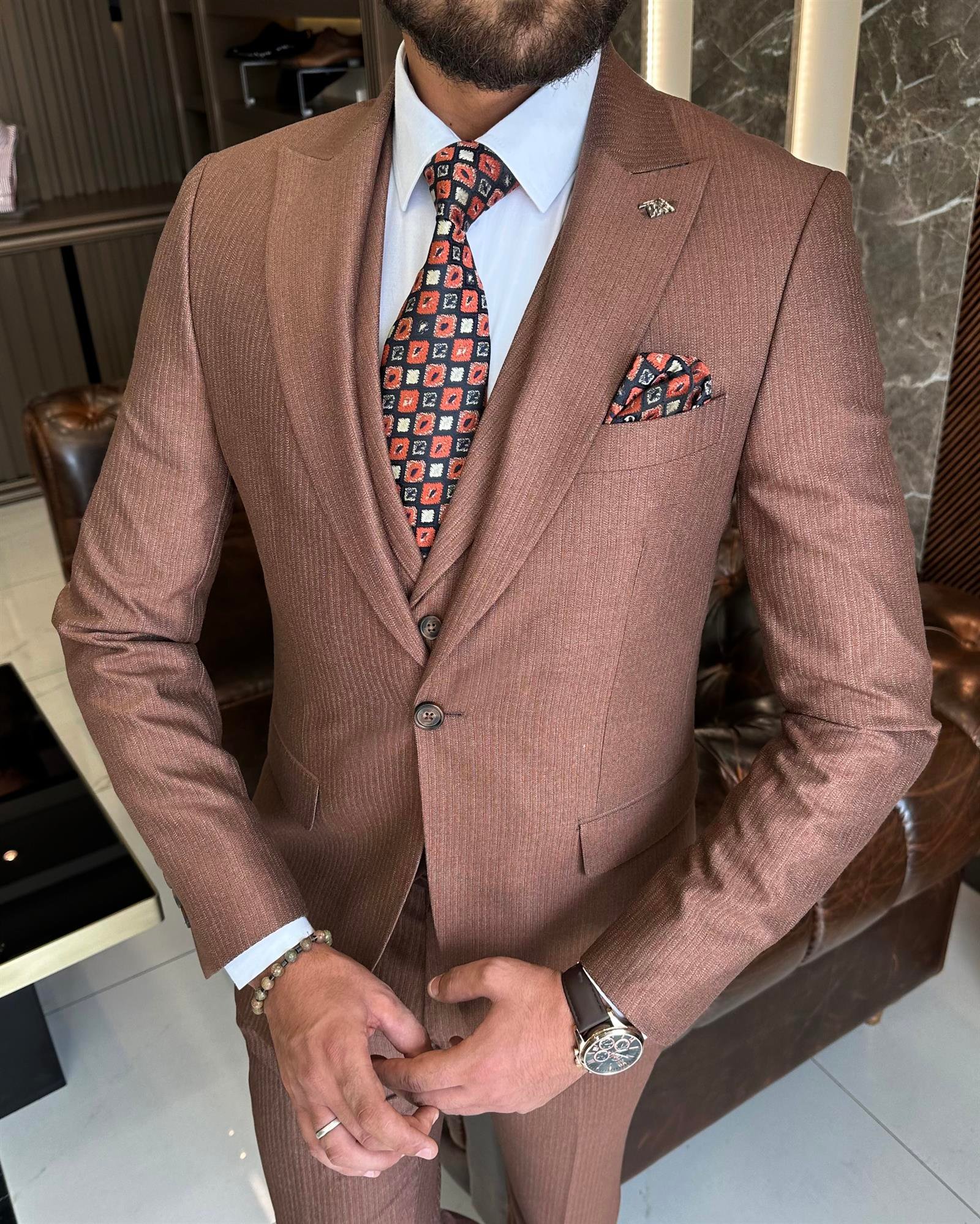 İtalyan stil slim fit ceket yelek pantolon takım elbise kahverengi T9959