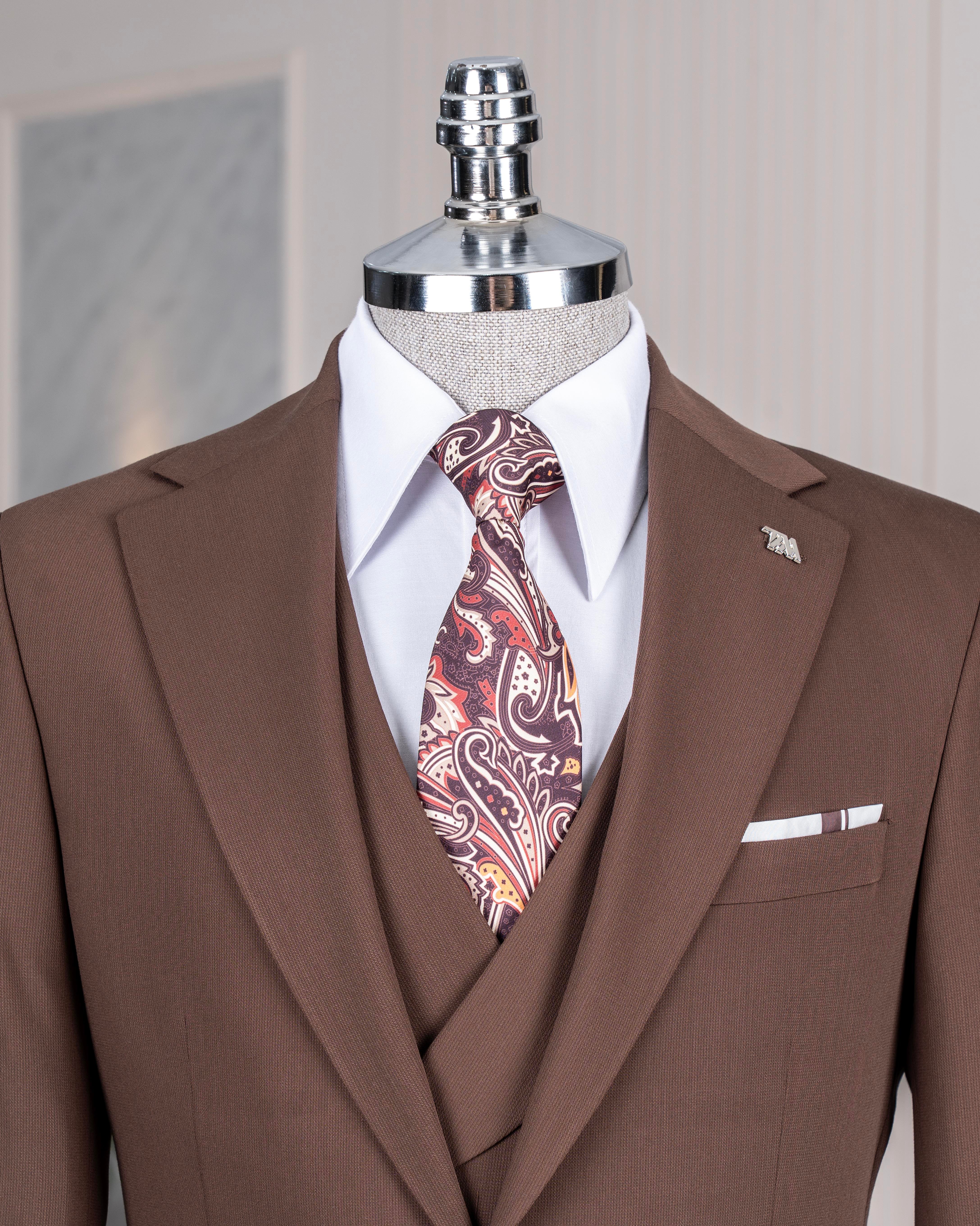 İtalyan stil slim fit ceket yelek pantolon takım elbise kahverengi T14386