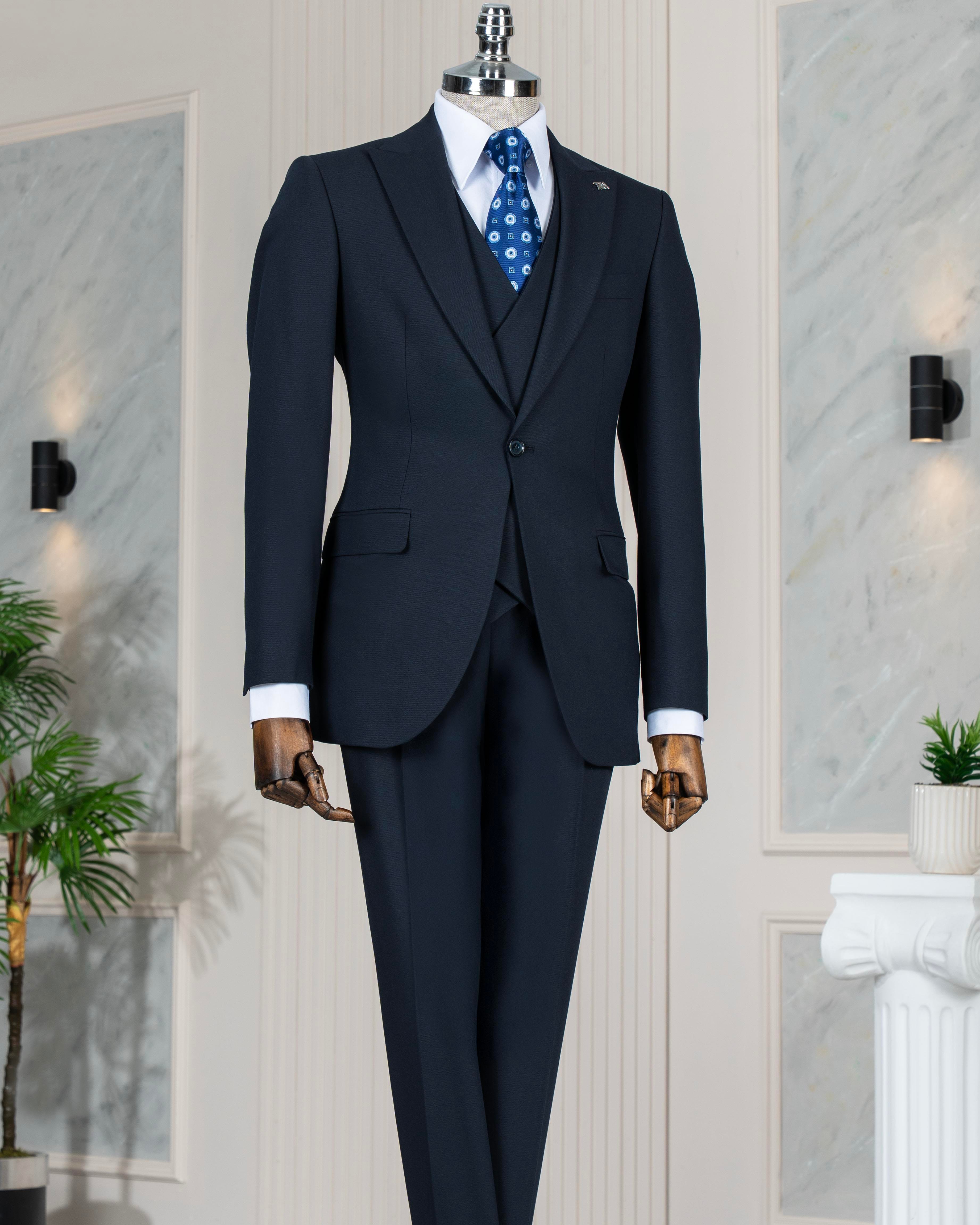 İtalyan stil slim fit ceket yelek pantolon takım elbise lacivert T13504