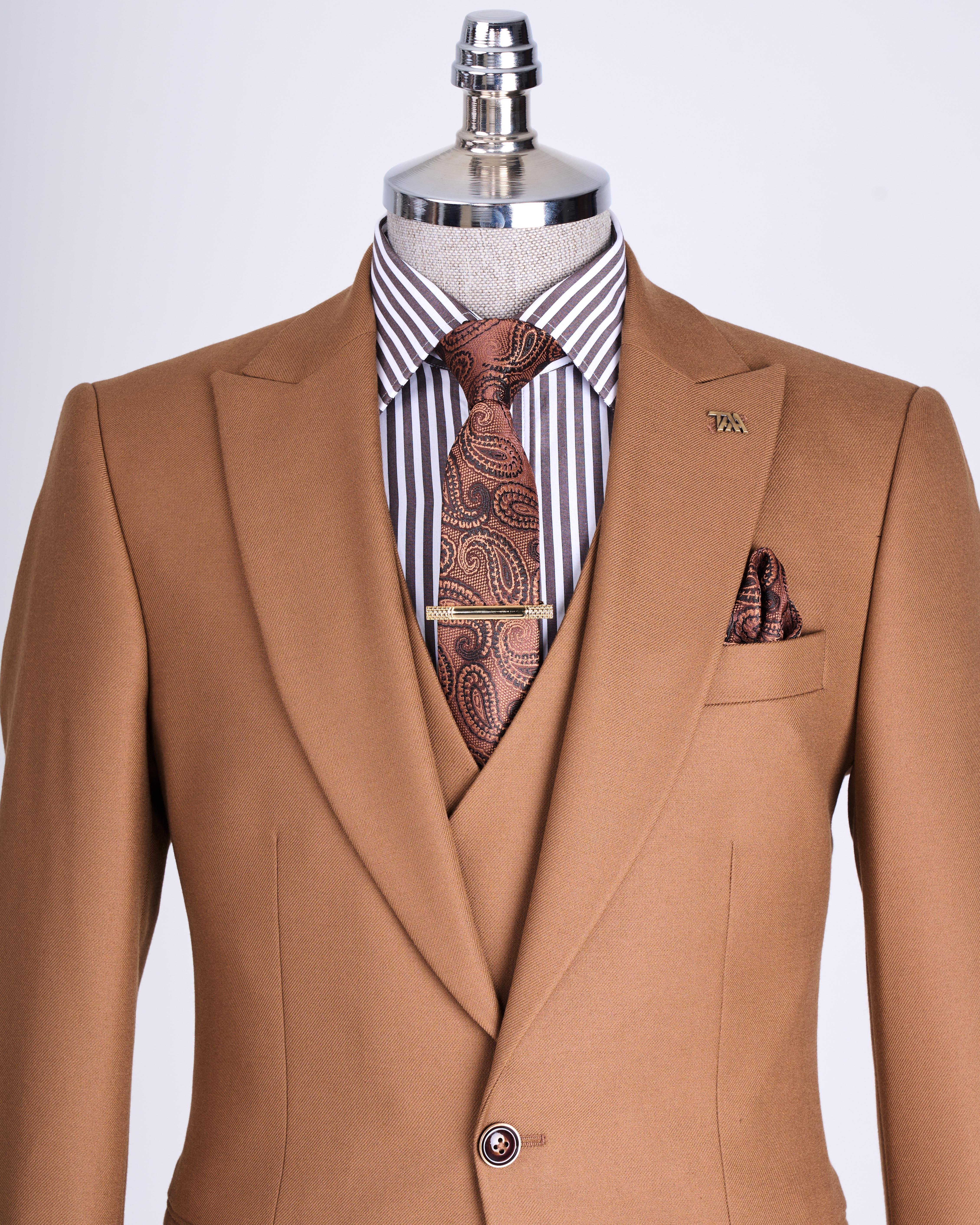 İtalyan stil slim fit ceket yelek pantolon takım elbise kahverengi T13502