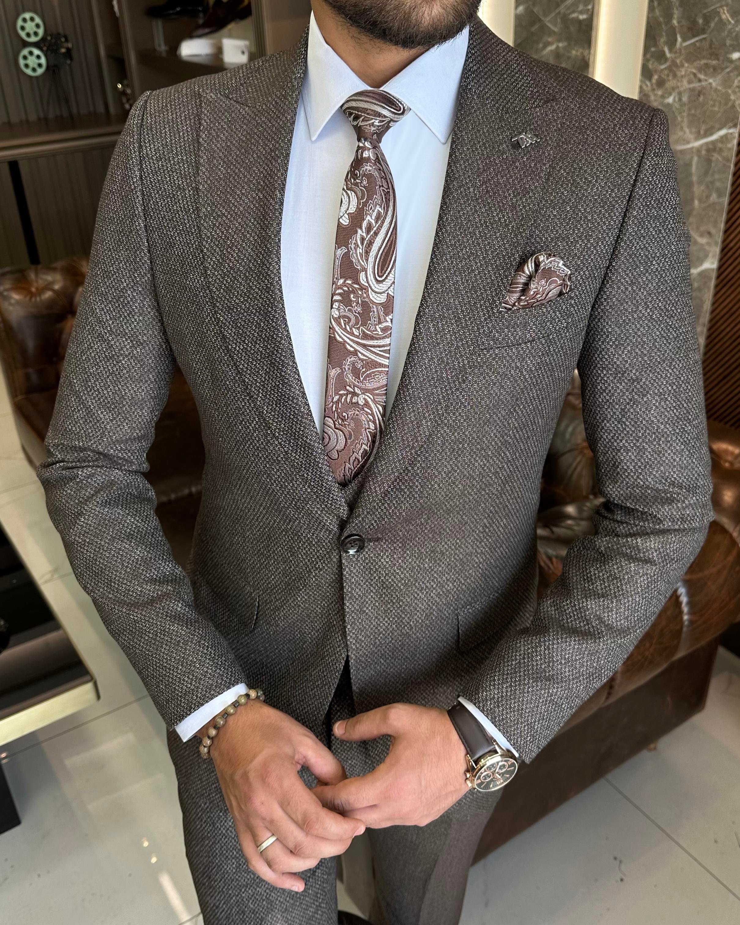 İtalyan stil slim fit ceket yelek pantolon takım elbise kahverengi T10322