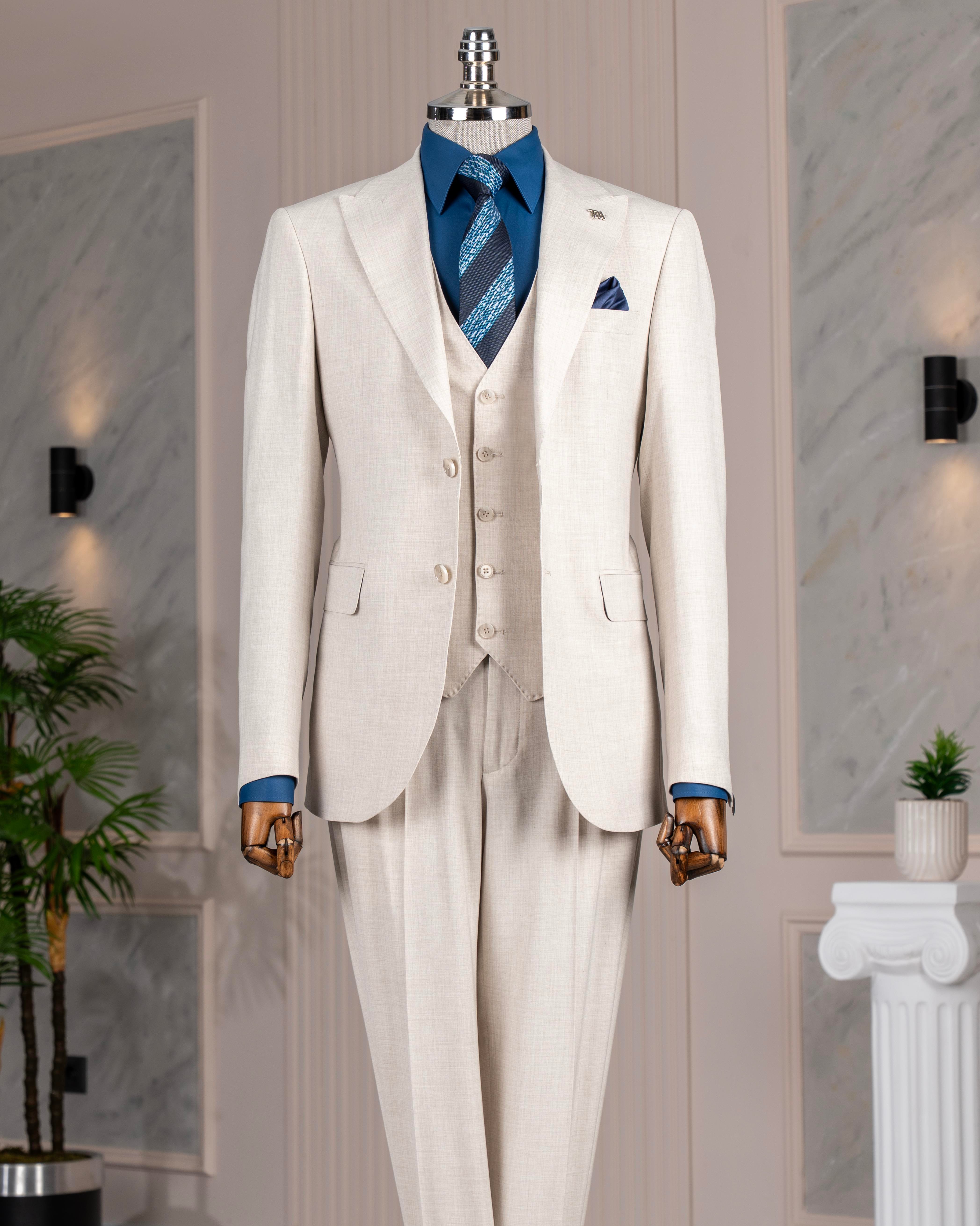 İtalyan stil slim fit ceket yelek pantolon takım elbise bej T14356