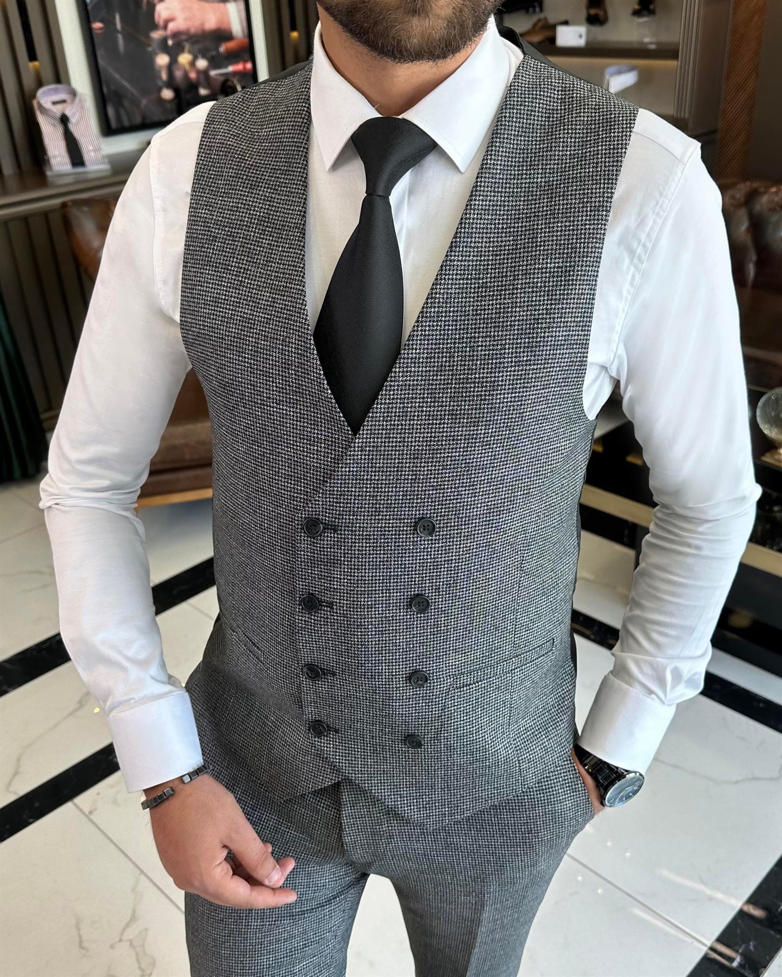 Italian style slim fit jacket vest pant suit black T9796