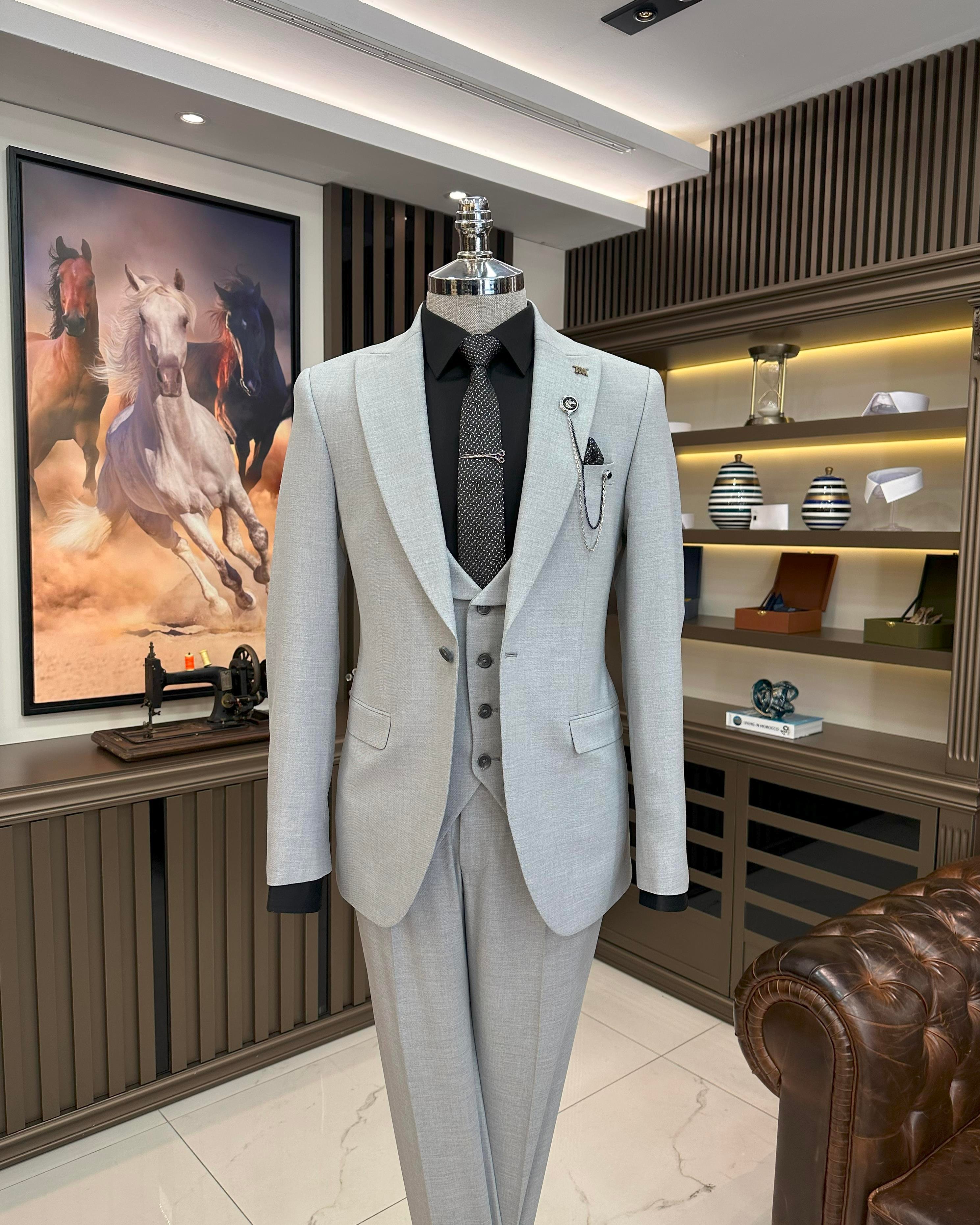 İtalyan stil slim fit ceket yelek pantolon takım elbise gri T9966