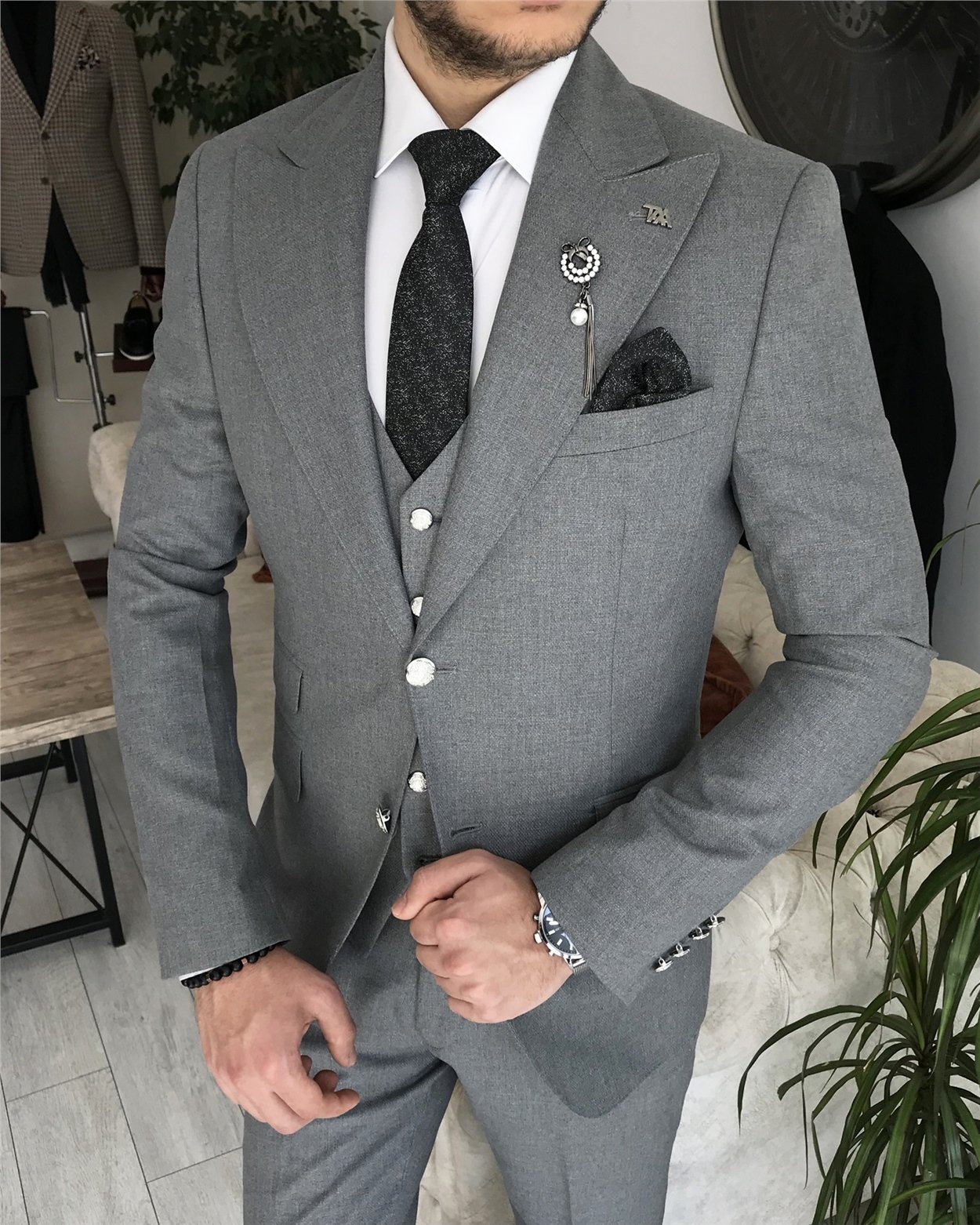 İtalyan stil slim fit ceket yelek pantolon takım elbise Siyah T8355