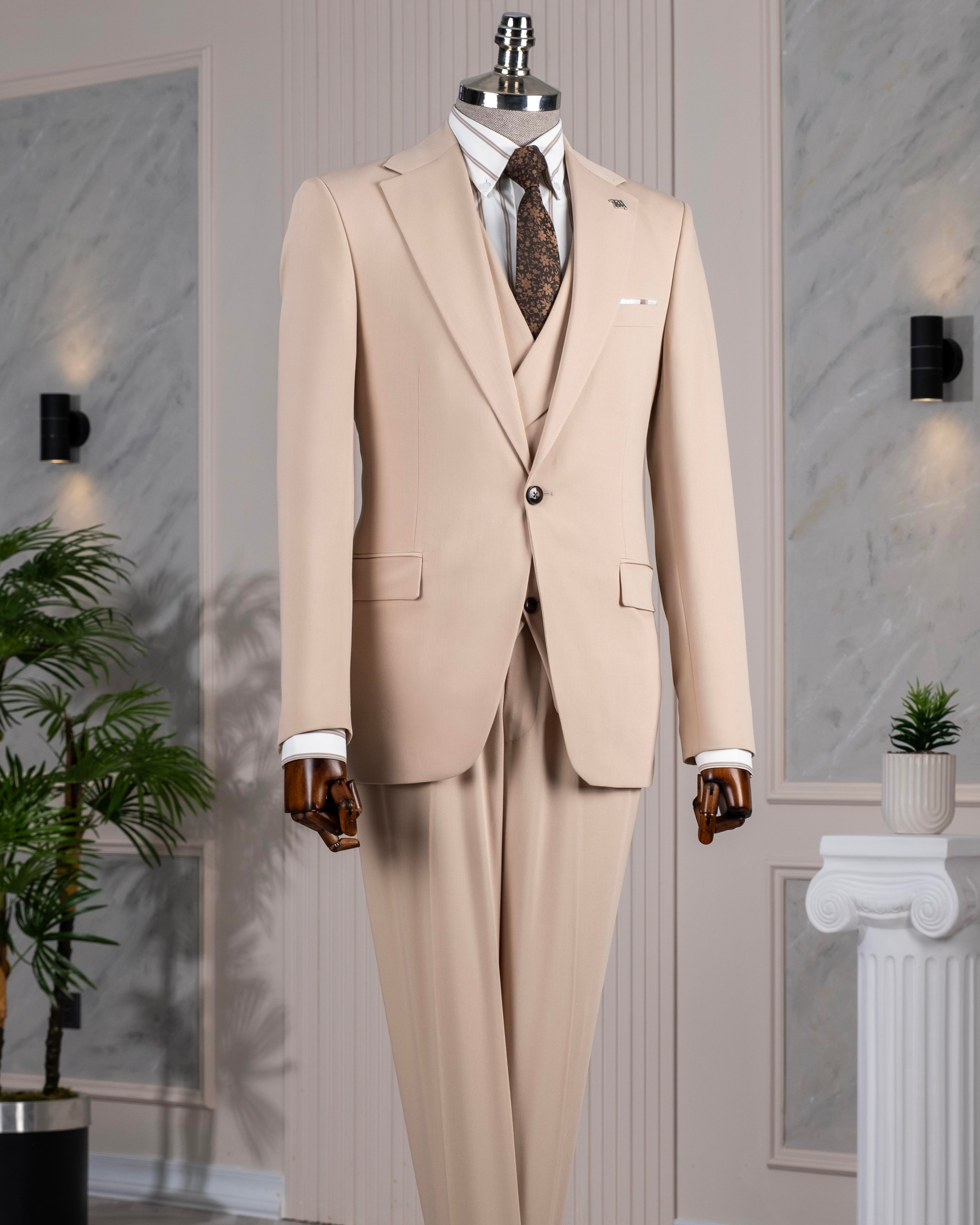 İtalyan stil slim fit ceket yelek pantolon takım elbise bej T14184