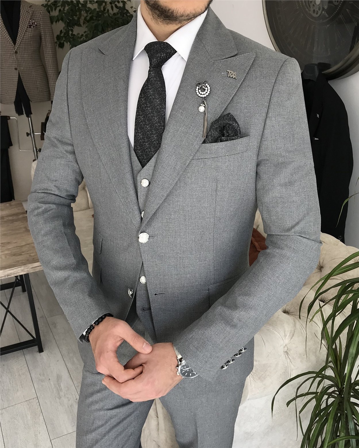 İtalyan stil slim fit ceket yelek pantolon takım elbise Siyah T8355