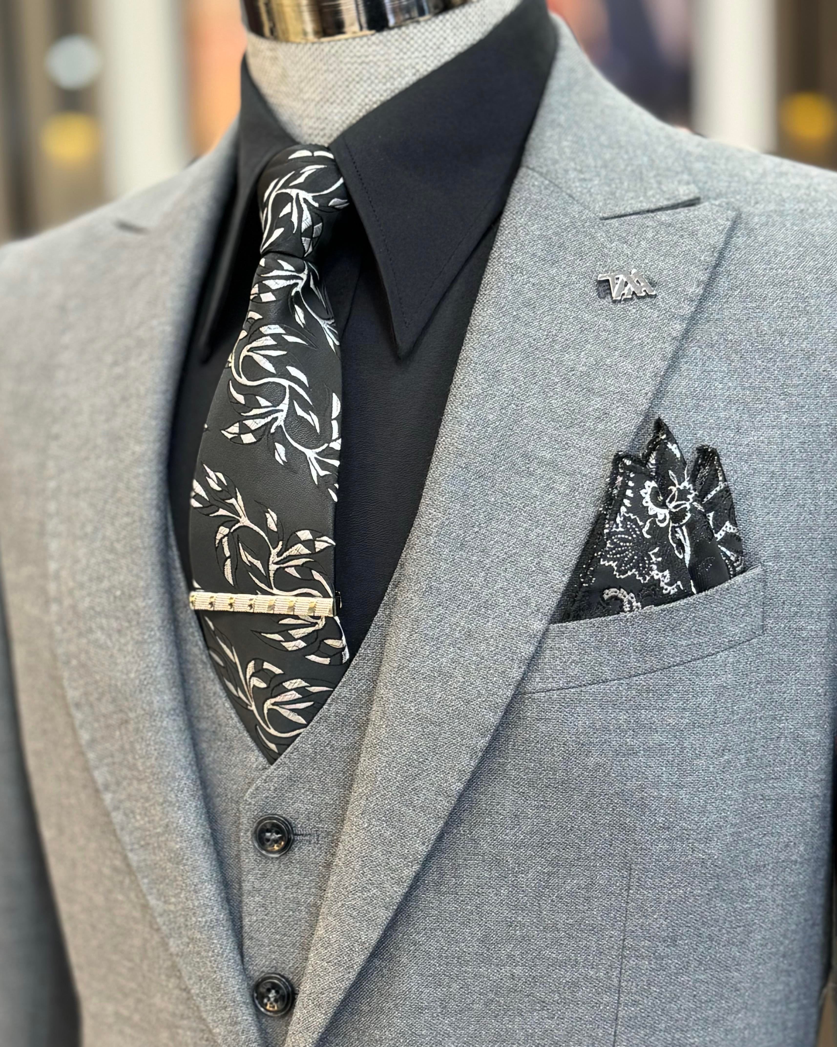 Italian style slim fit jacket vest trouser suit gray T11397
