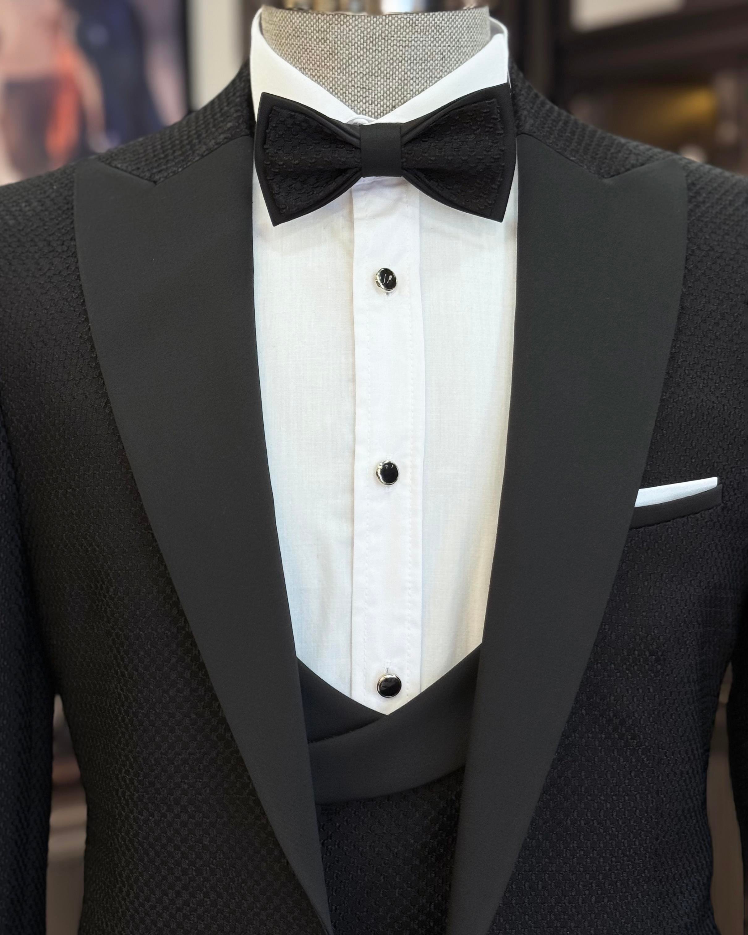İtalyan stil slim fit ceket yelek pantolon damatlık set siyah T11635