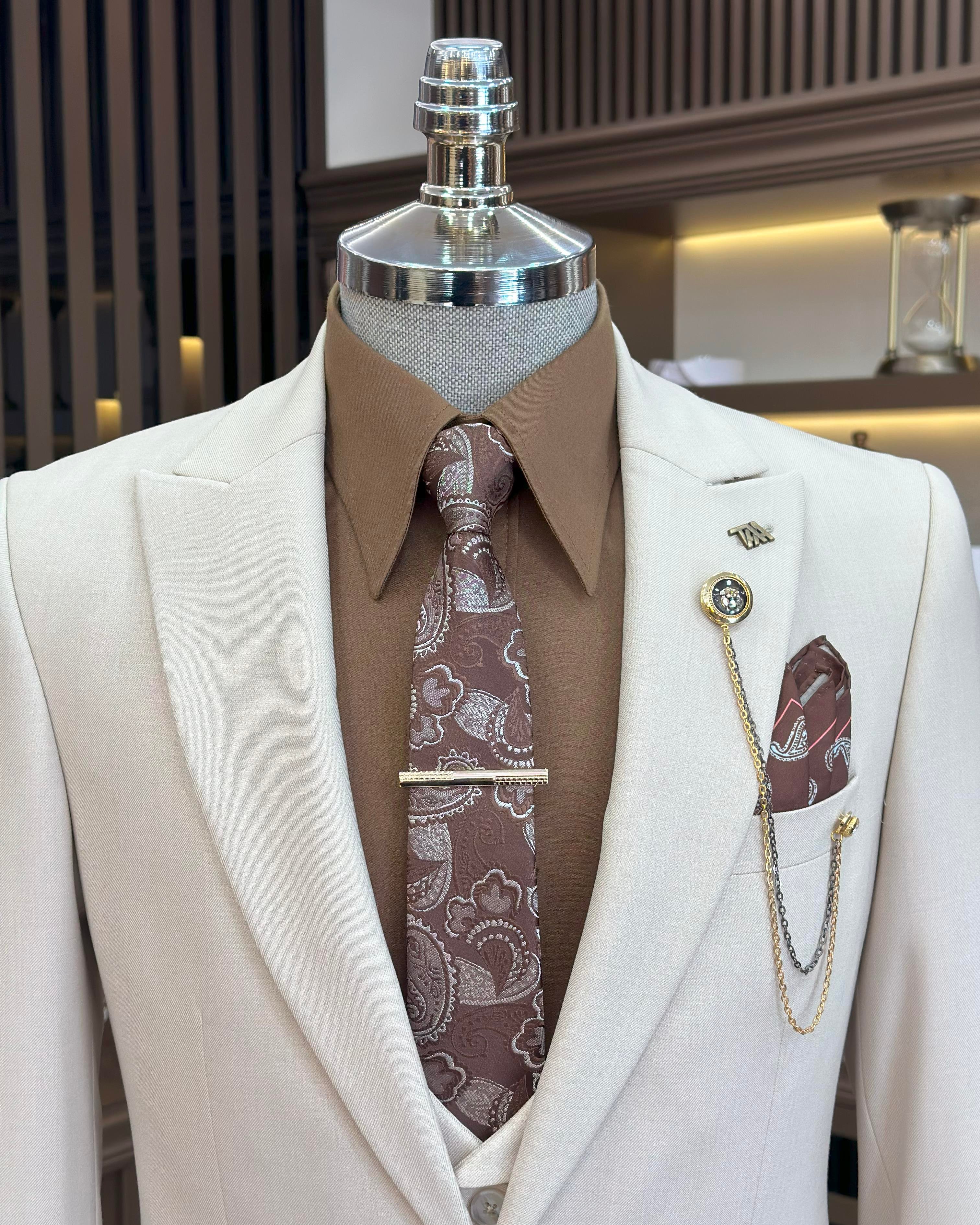  Italian style slim fit jacket vest trouser suit beige T9965