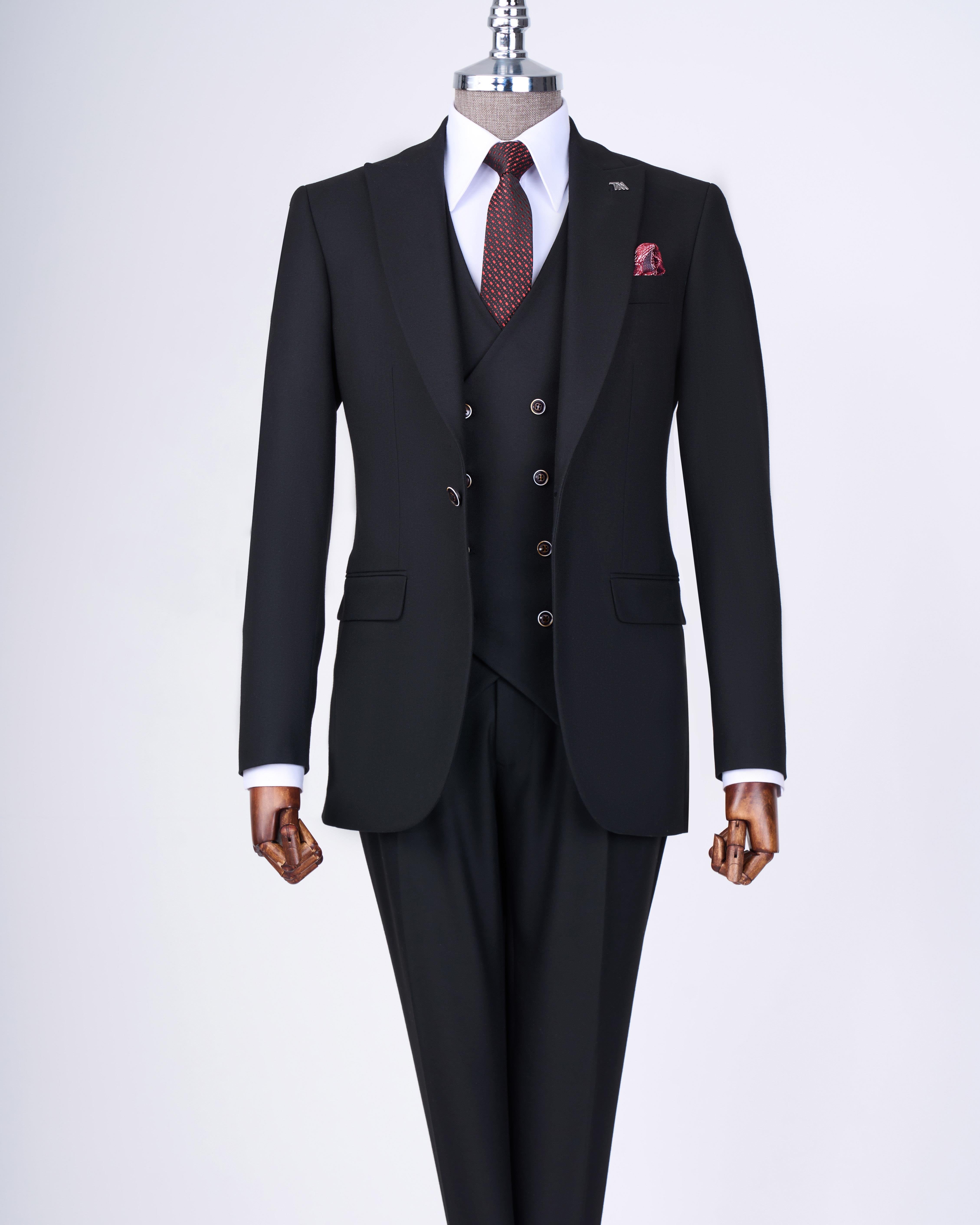 Italian style slim fit jacket vest pants suit black T13503