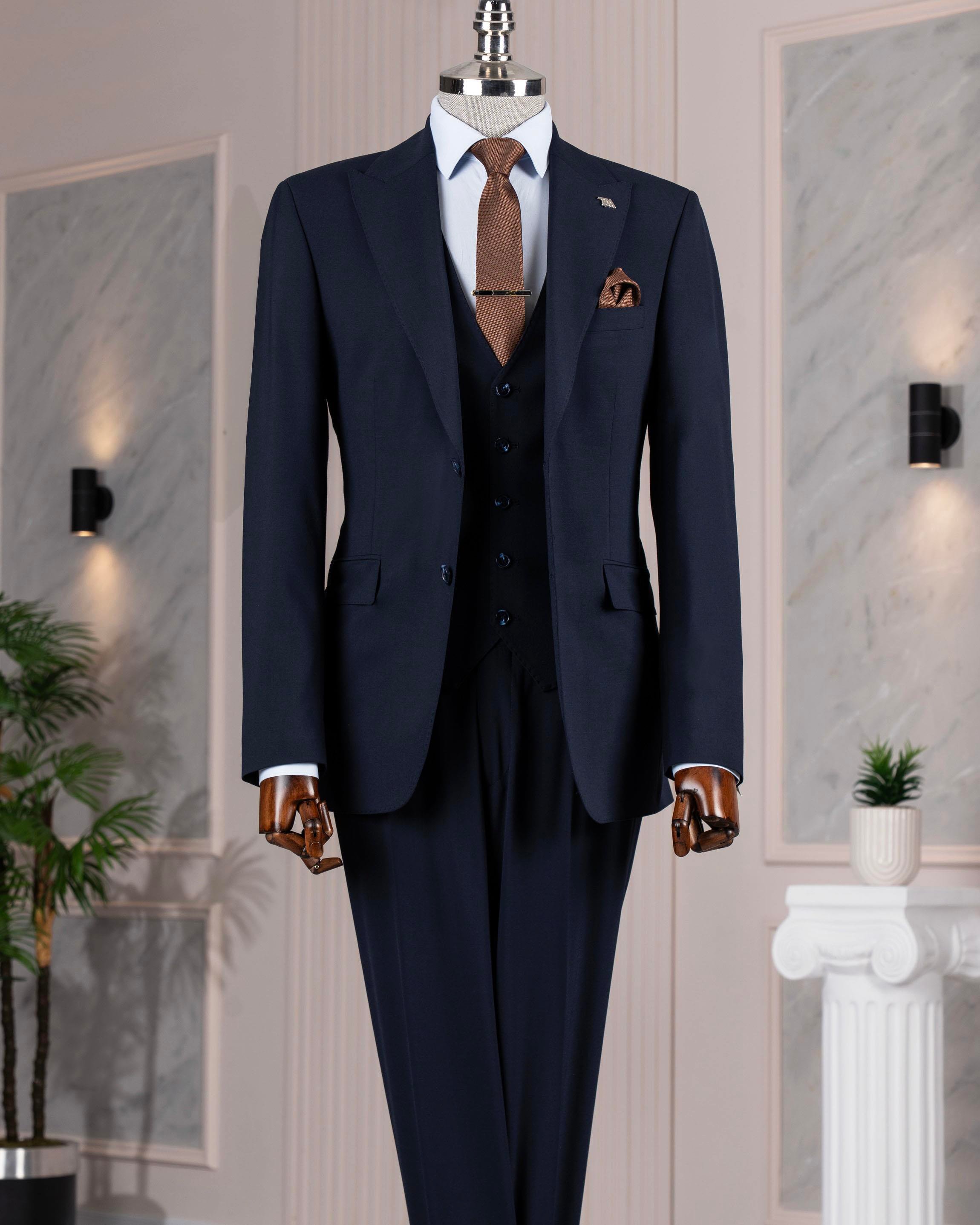 İtalyan stil slim fit ceket yelek pantolon takım elbise lacivert T14312